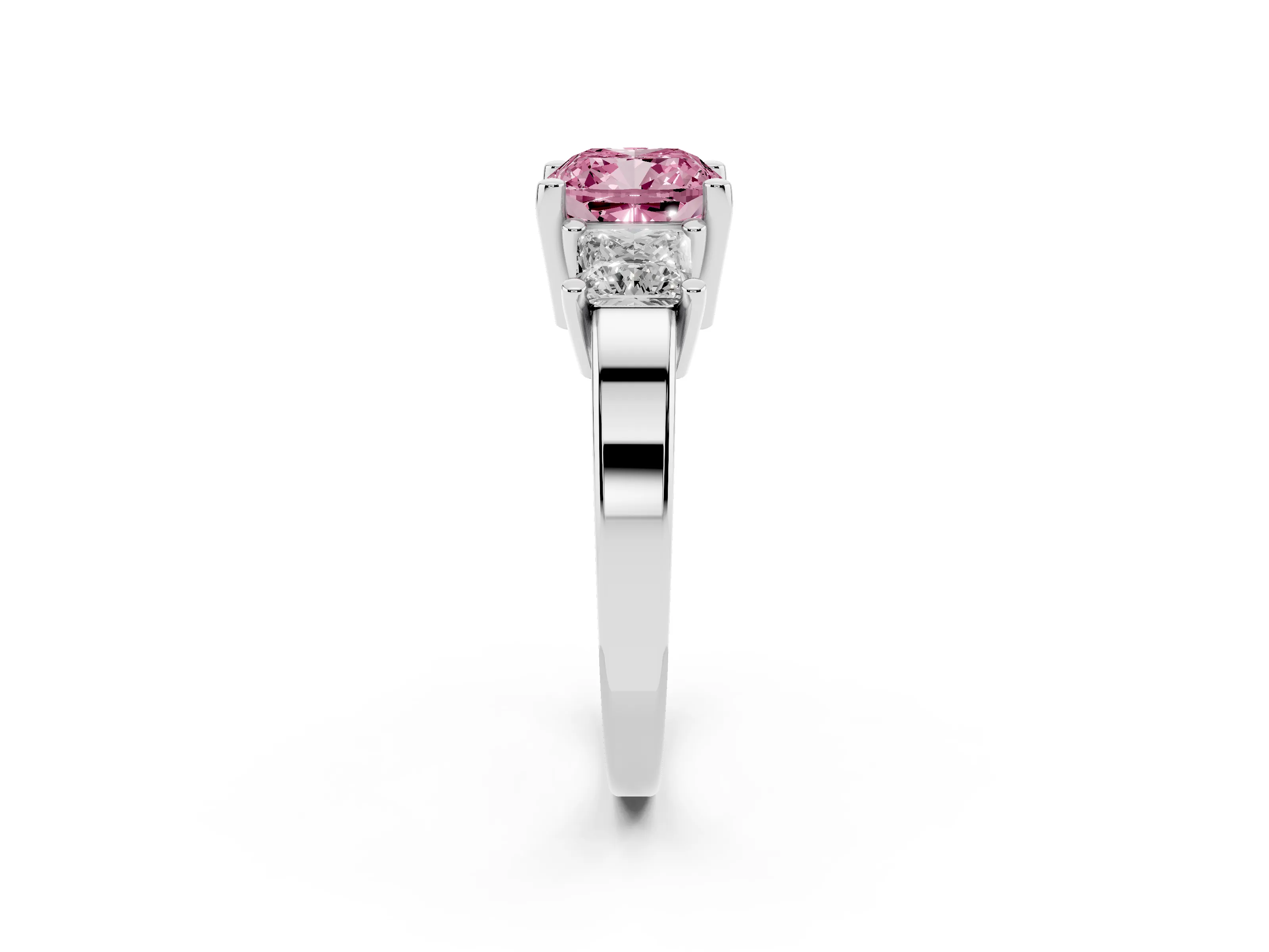 Fancy Pink Three-Stone Cushion Cut Diamond Solitaire Ring Set in Silver with Prong Setting