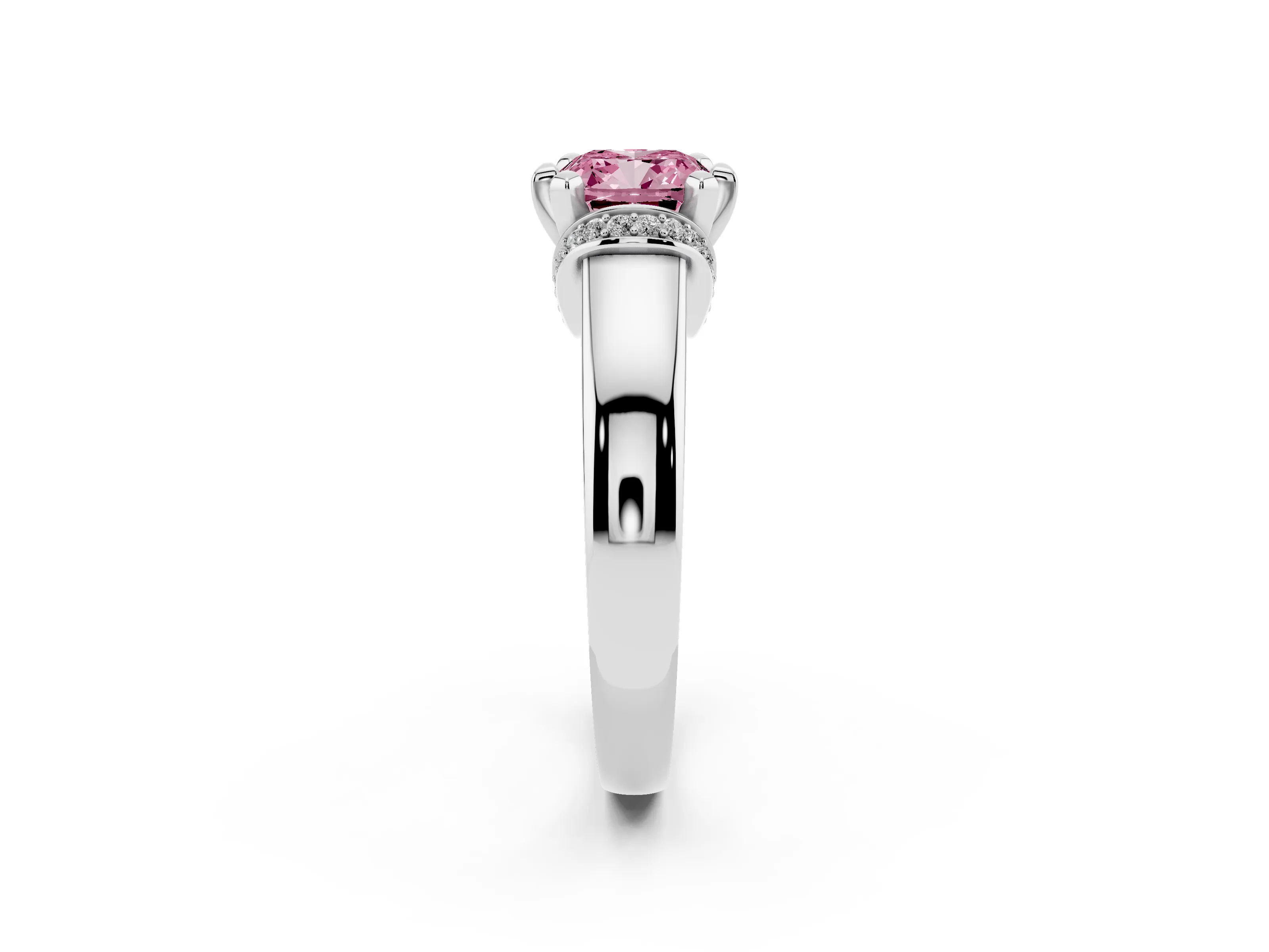 Fancy Pink Cushion Cut Diamond Pavé Band Solitaire Ring Set in Silver with Prong Setting