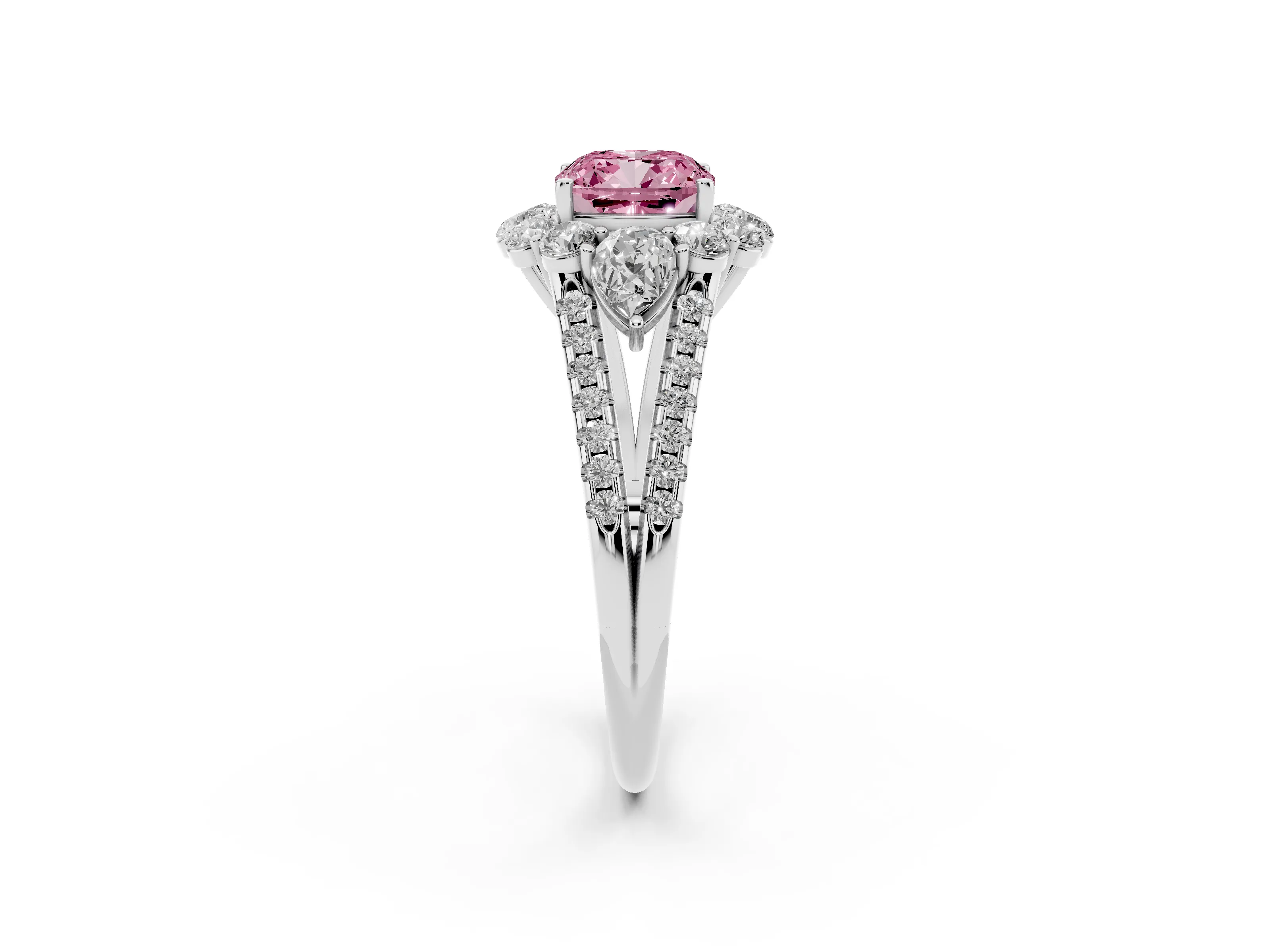 Fancy Pink Cushion Cut Diamond Halo Split Shank Engagement Ring Set in Platinum with Prong-Held Center Stone