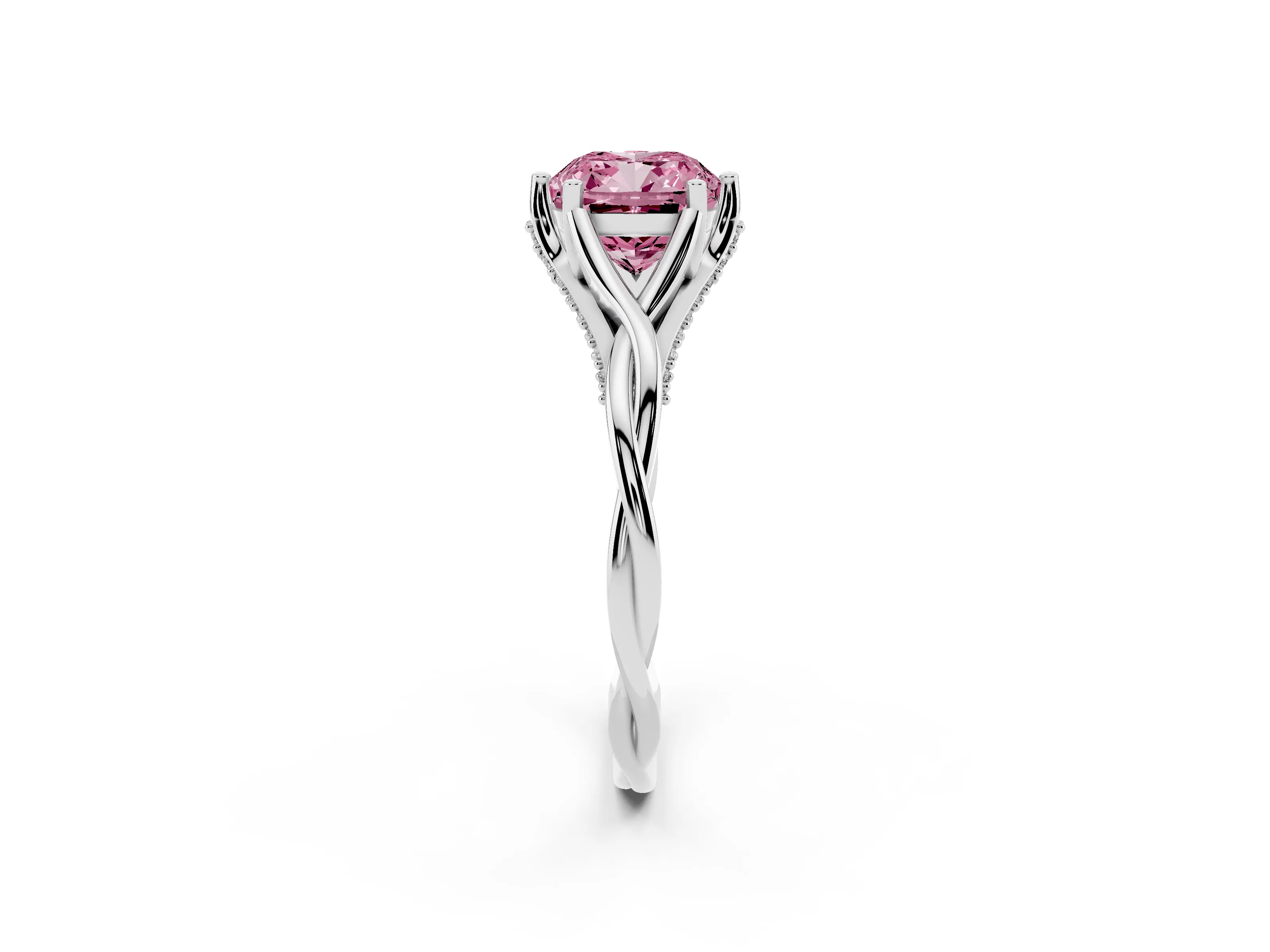 Fancy Pink Cushion Cut Diamond Intertwined Twist Band Solitaire Ring Set in White gold with Prong Setting