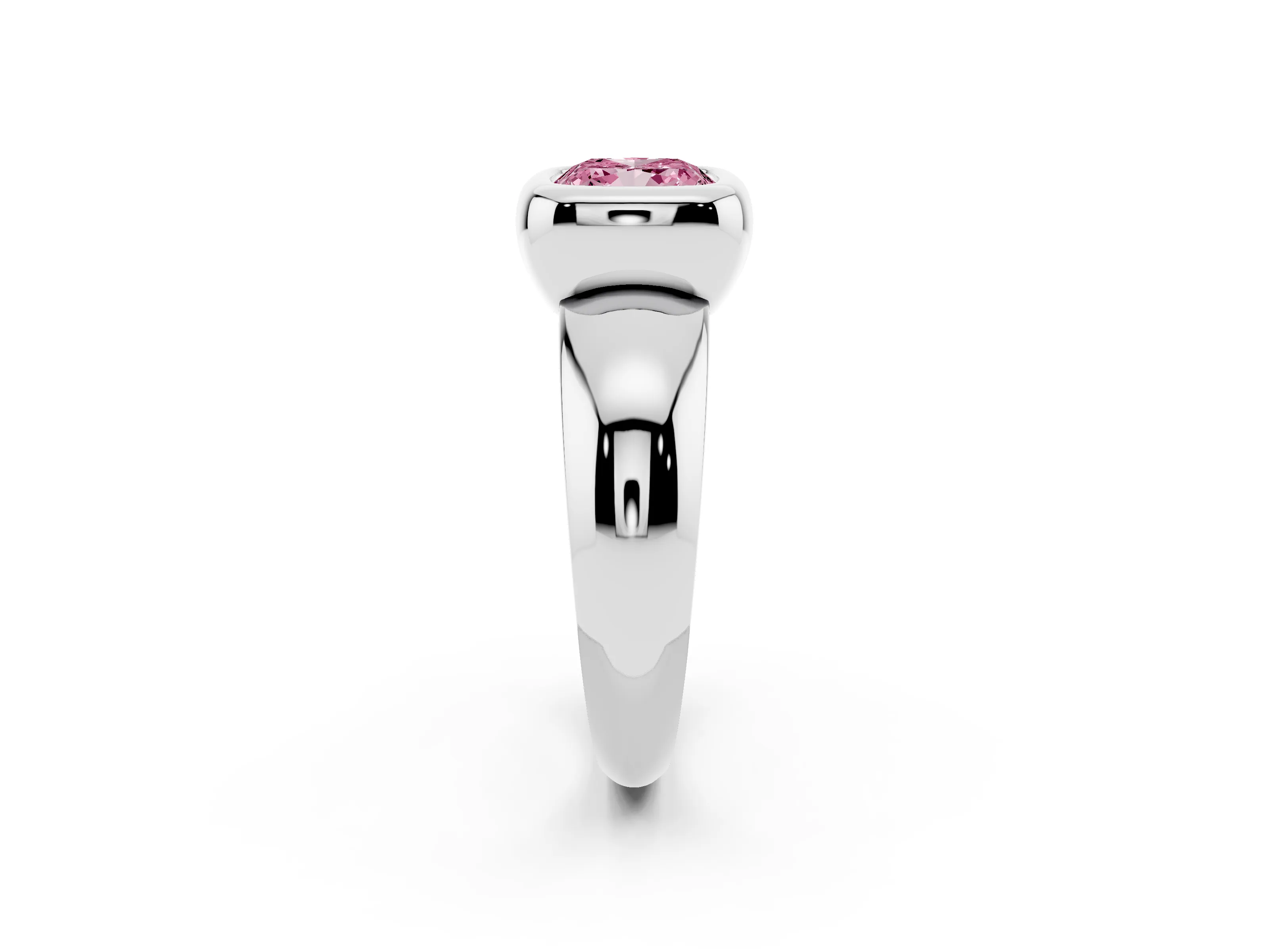 Fancy Pink Bezel Set Cushion Cut Diamond Solitaire Ring Set in Silver with Wide Band