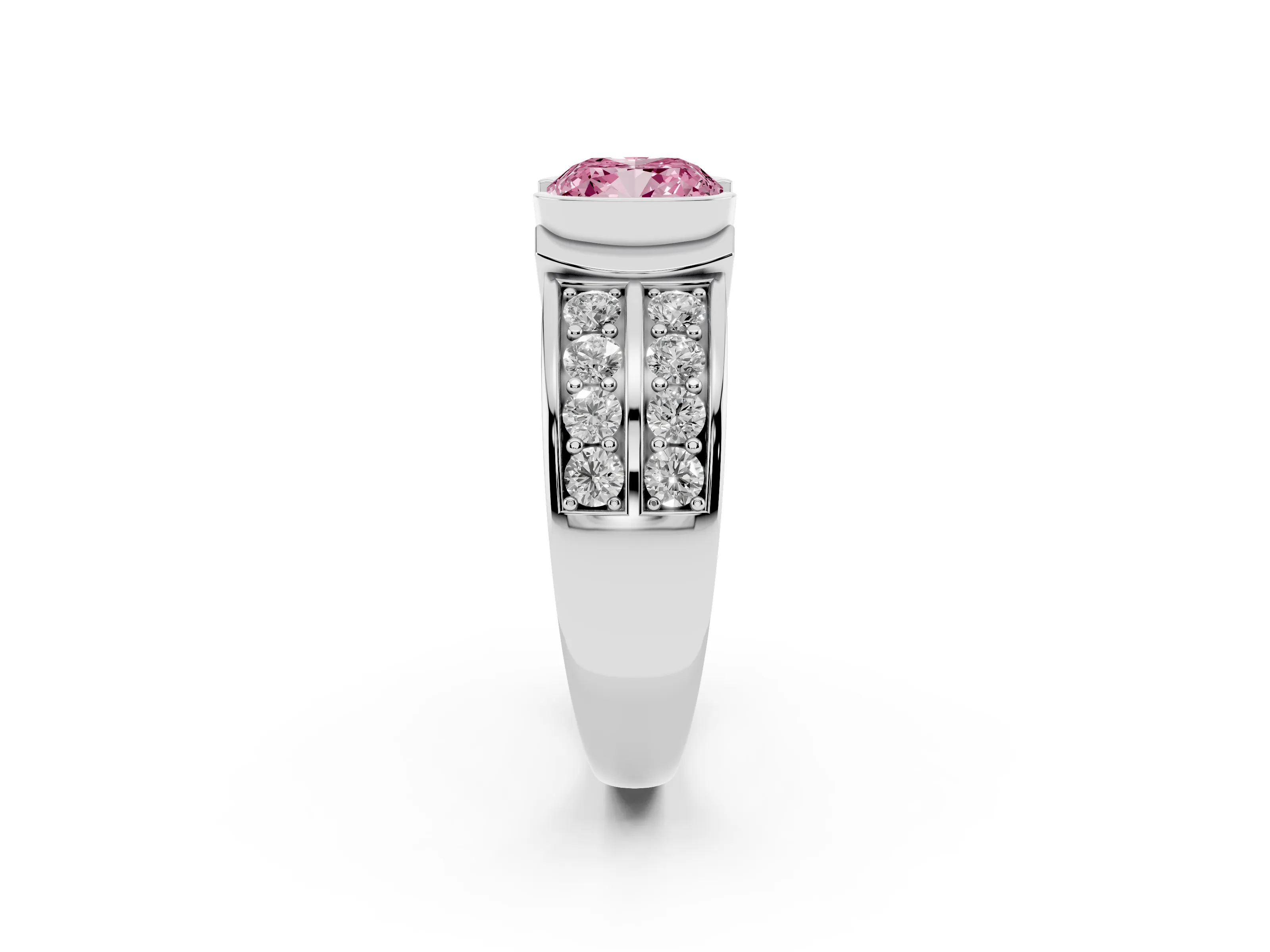 Fancy Pink Cushion Cut Diamond Wide Channel Set Band Ring Set in Silver with Bezel Setting