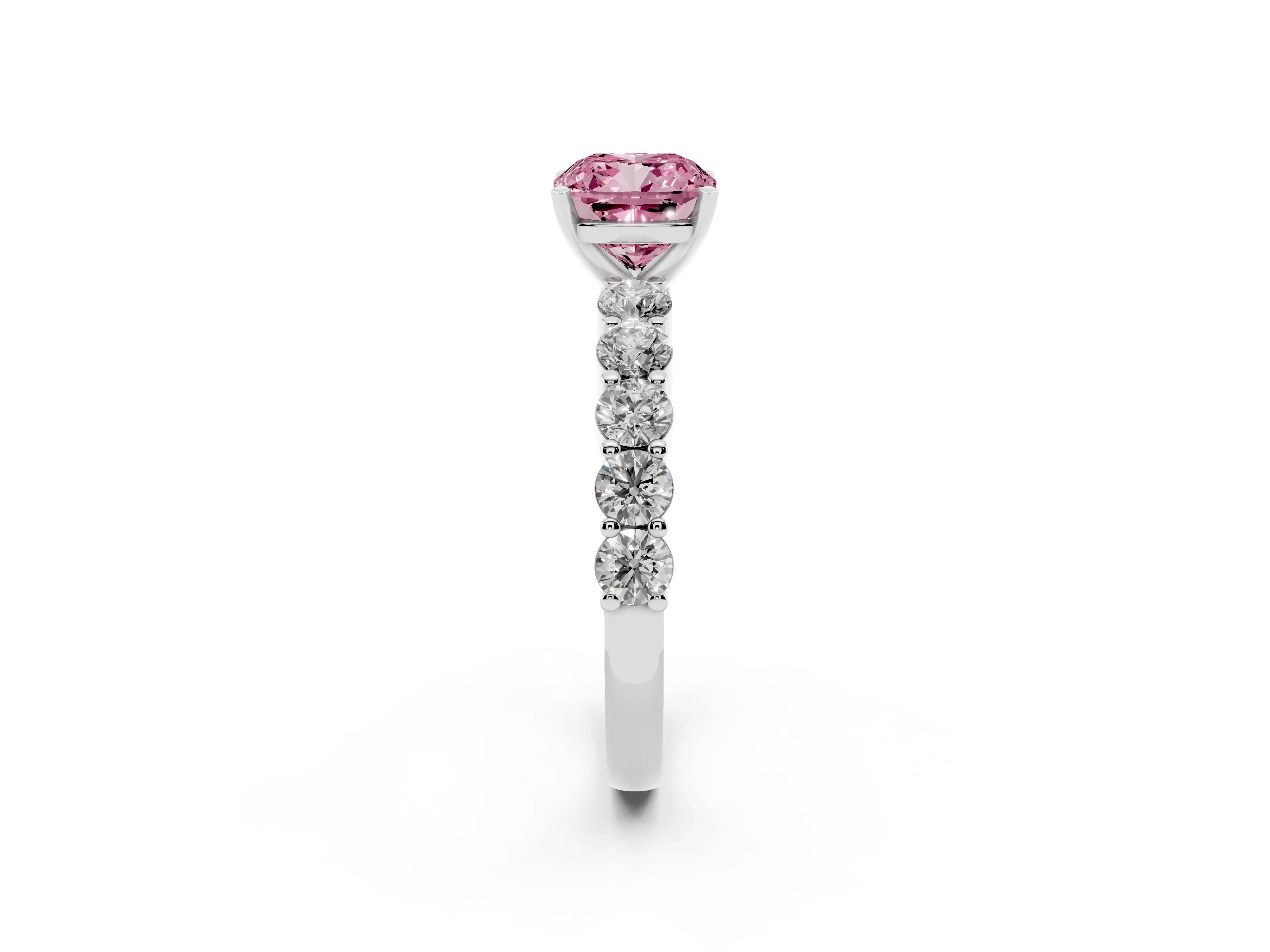 Fancy Pink Cushion Cut Diamond Solitaire Ring Set in Silver with Shared Prong Round Side Stones