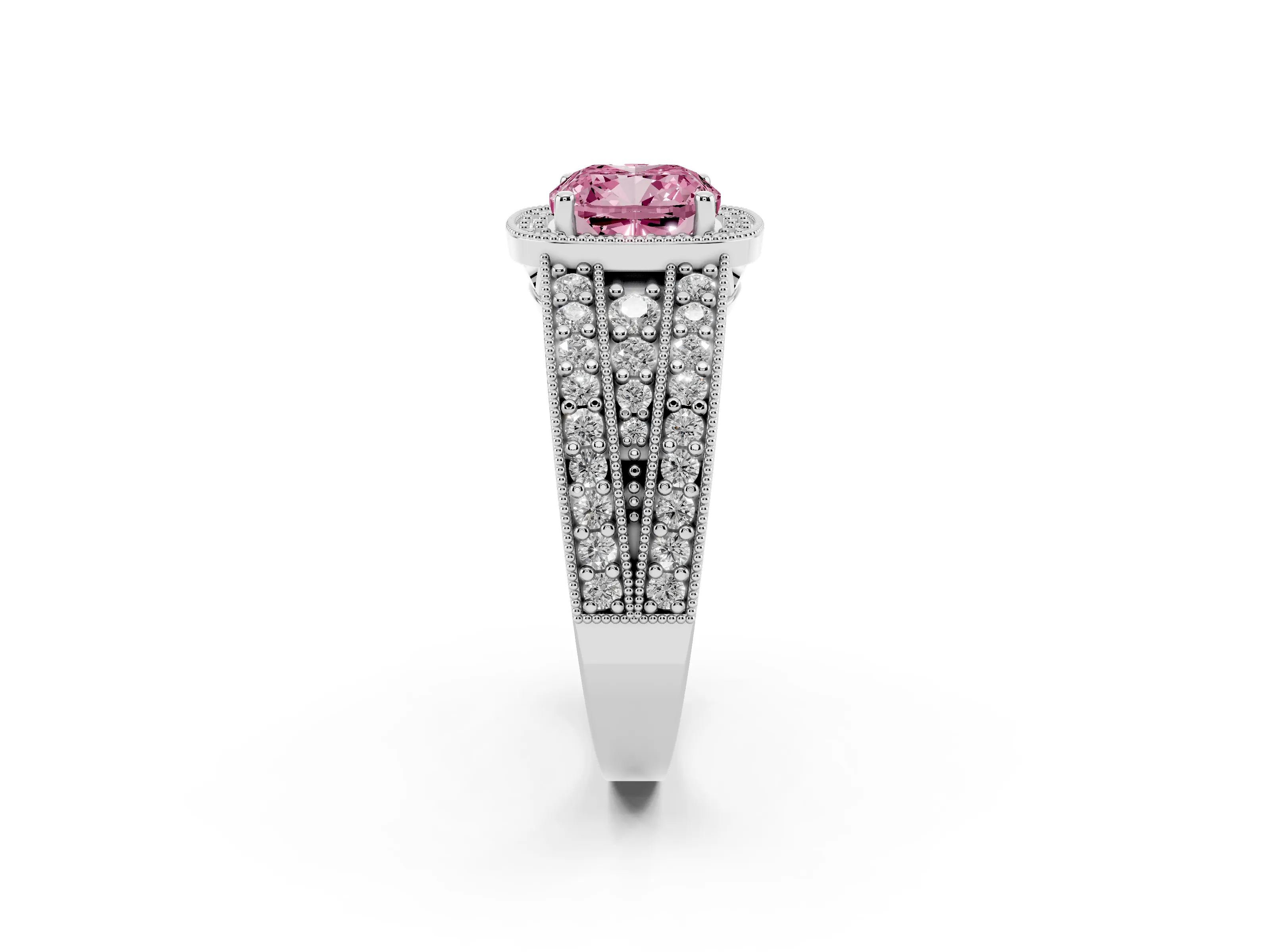 Fancy Pink Cushion Cut Diamond Halo Ring Set in Silver with Accent Split Shank and Prong Setting