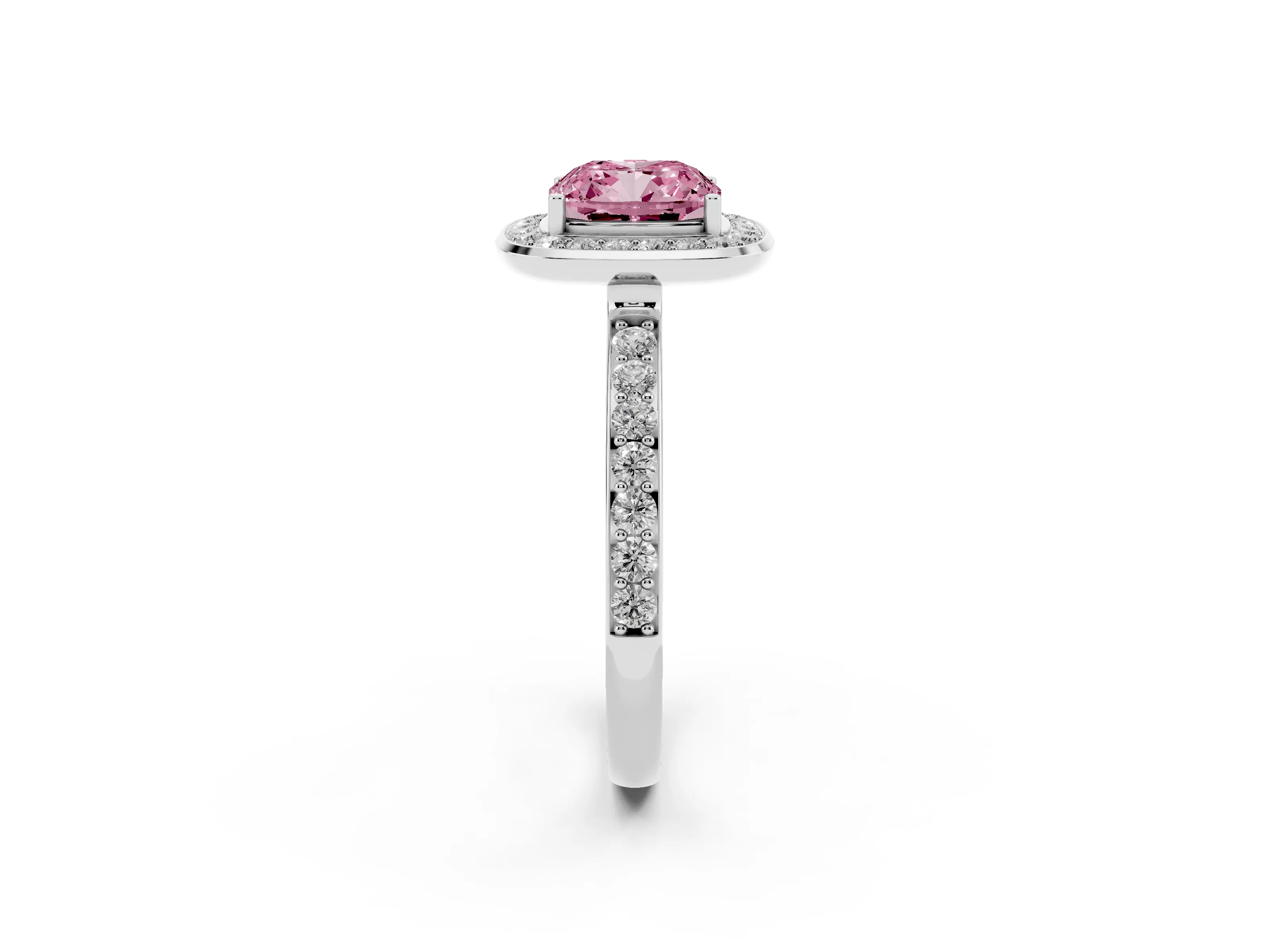 Fancy Pink Cushion Cut Diamond Halo Ring Set in White gold with Bezel Frame and Pavé Band