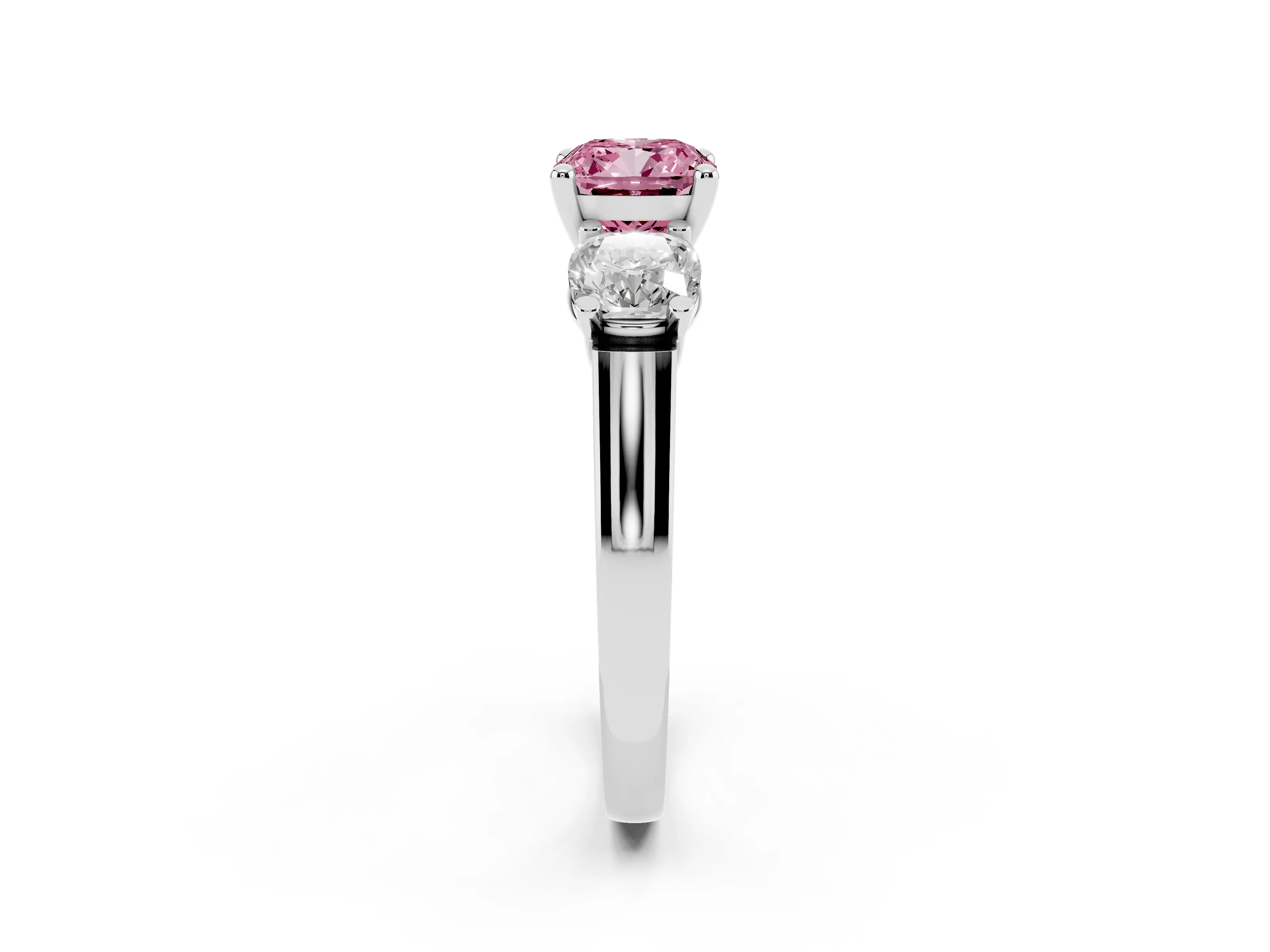 Fancy Pink Cushion Cut Diamond Three-Stone Trellis Ring Set in Platinum with Comfort Fit Band