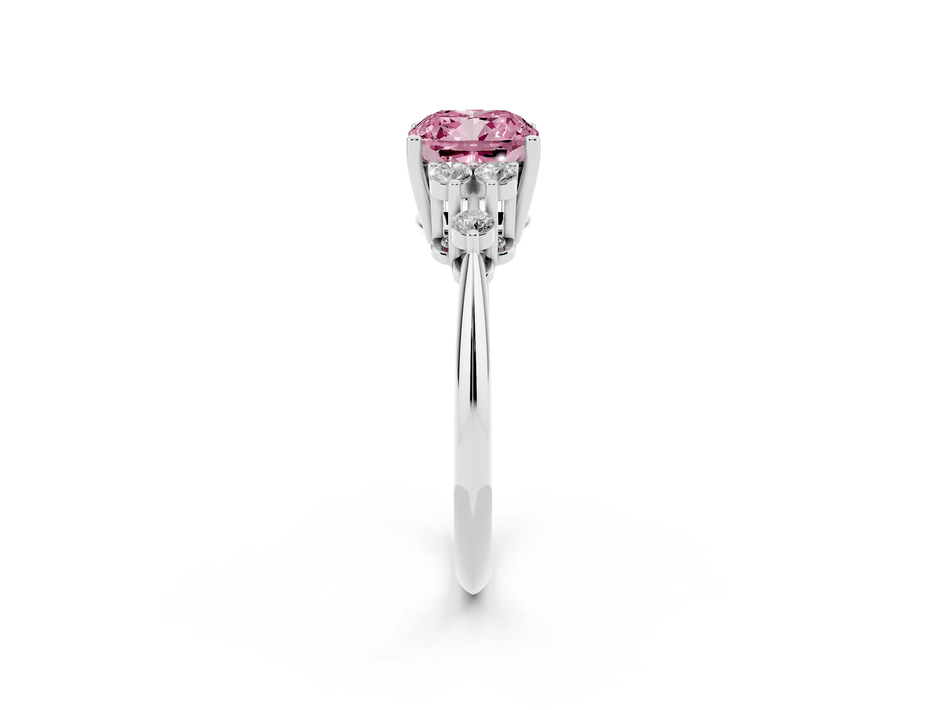 Fancy Pink Cushion Cut Diamond Cluster Ring Set in White gold with Plain Band and Prong Setting