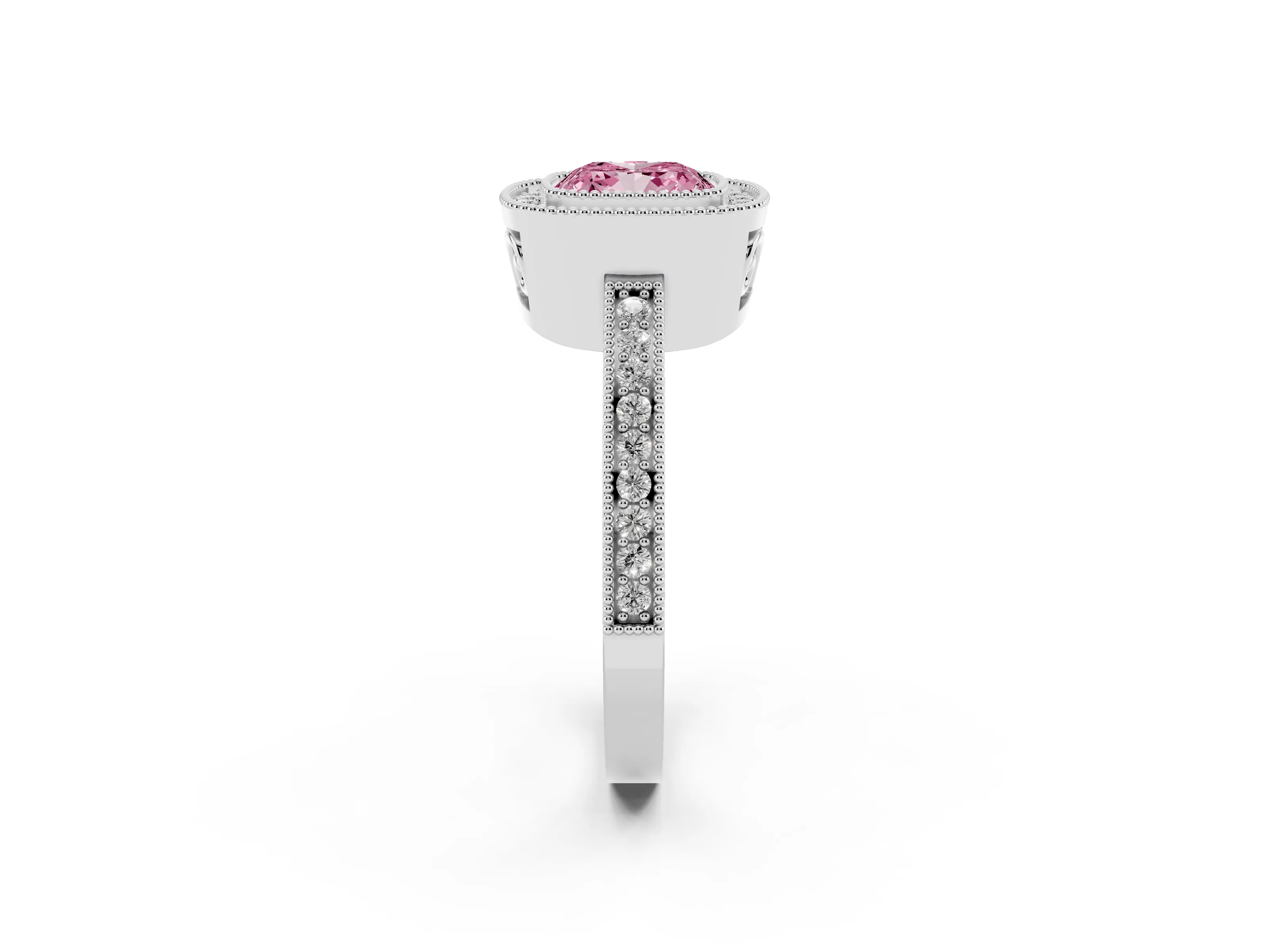 Fancy Pink Cushion Cut Diamond Round Halo Ring Set in White gold with Pavé Band