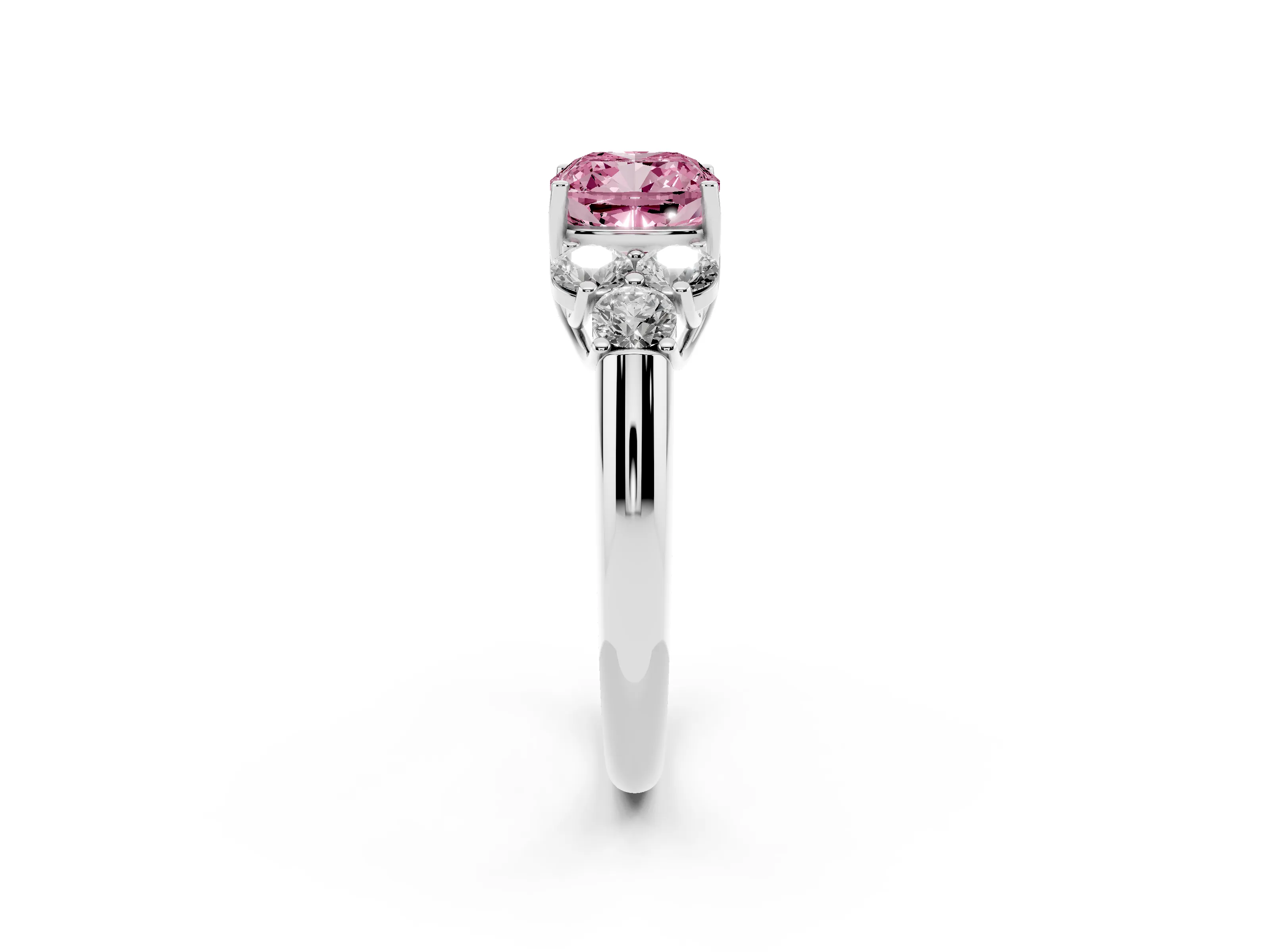 Fancy Pink Cushion Cut Diamond Cluster Ring Set in White gold with Round Accent Stones and Prong Setting on a Plain Band