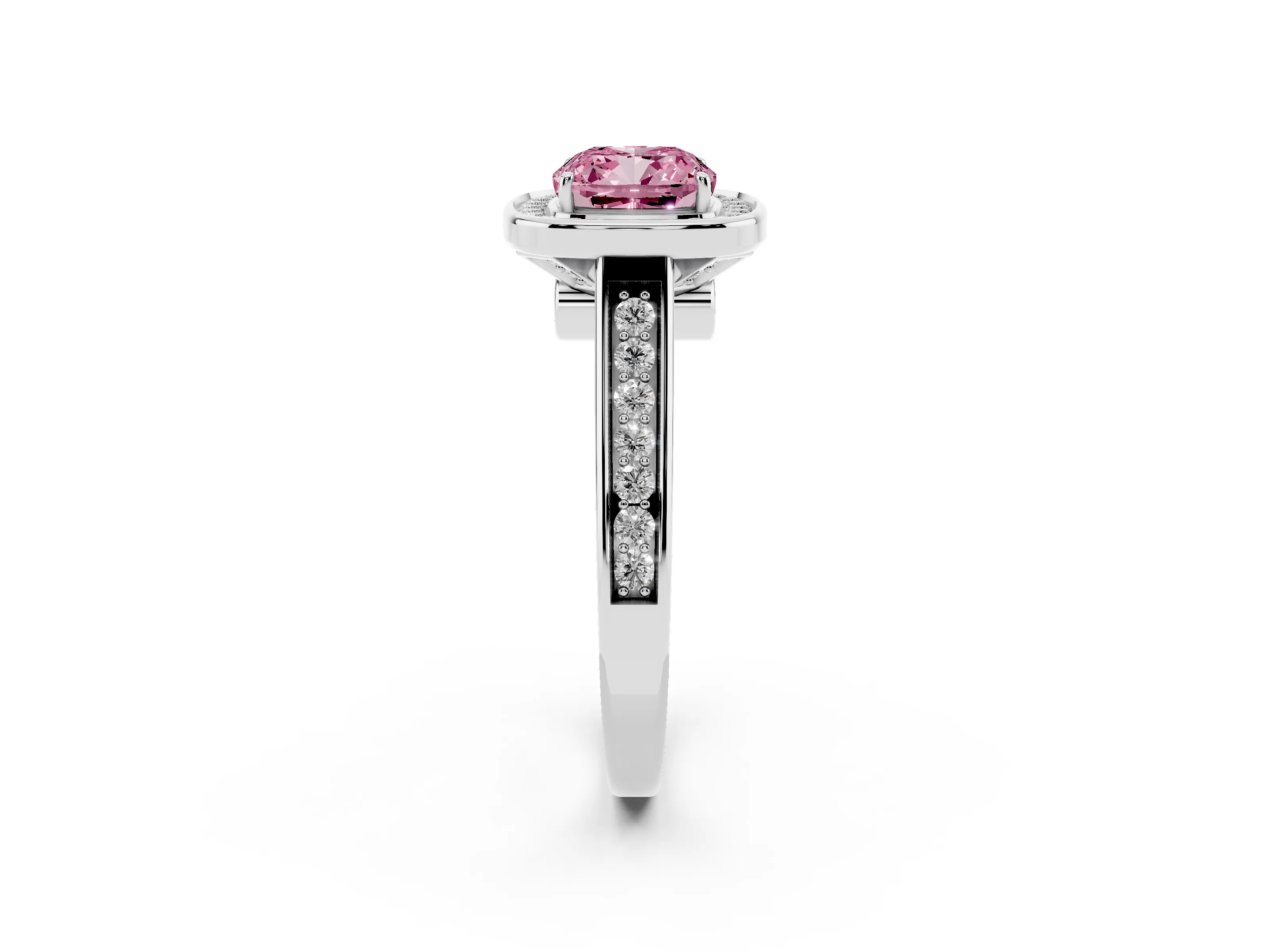 Fancy Pink Cushion Cut Diamond Halo Solitaire Ring Set in Platinum with Pavé Band and Bezel Setting