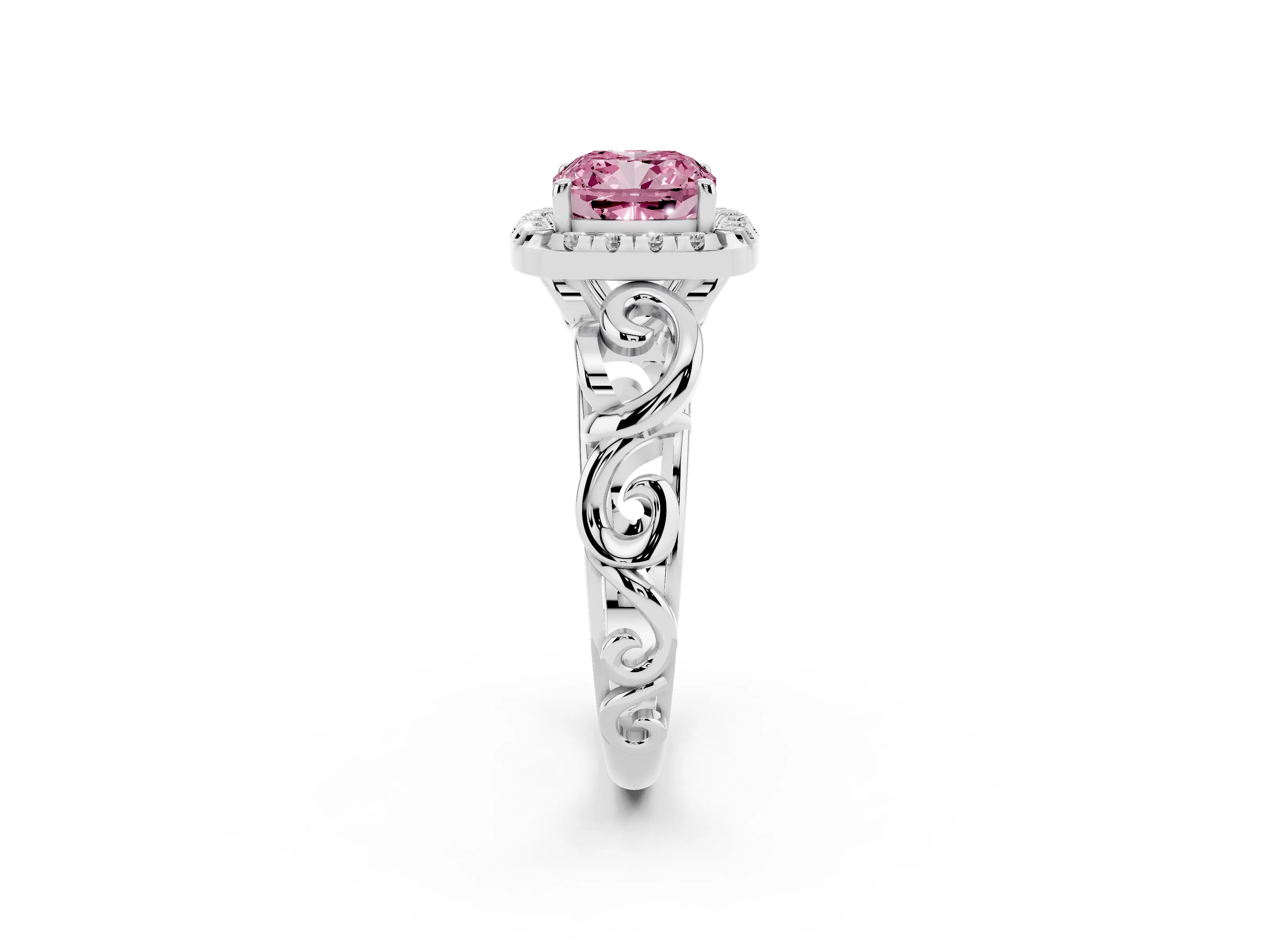 Fancy Pink Cushion Cut Diamond Halo Ring Set in Platinum with Scrollwork Band and Prong Setting