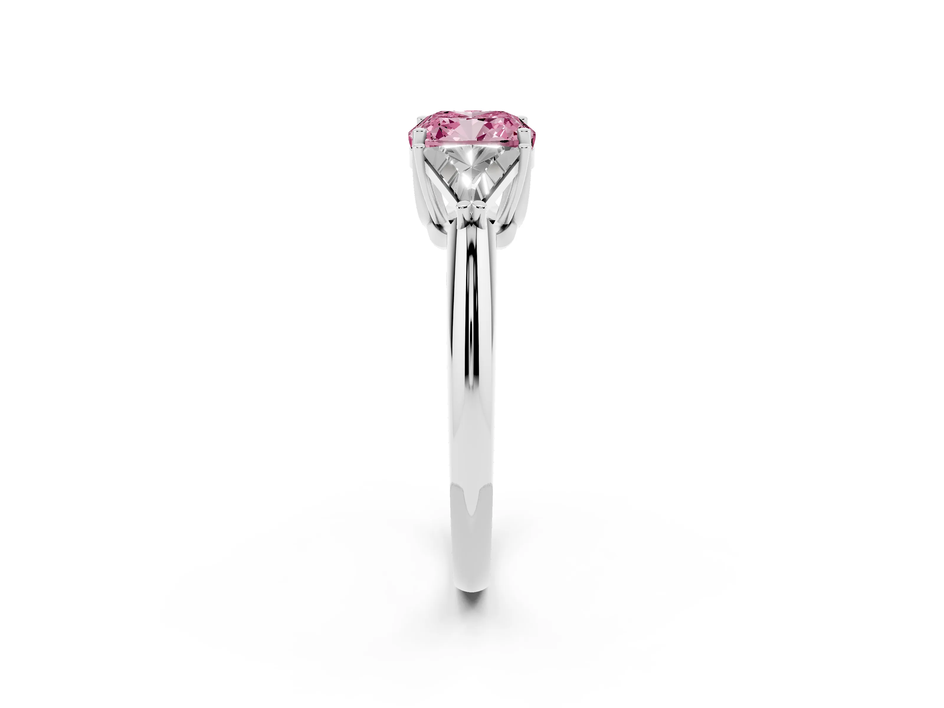 Fancy Pink Cushion Cut Diamond Three-Stone Engagement Ring Set in White gold with Trillion Side Stones