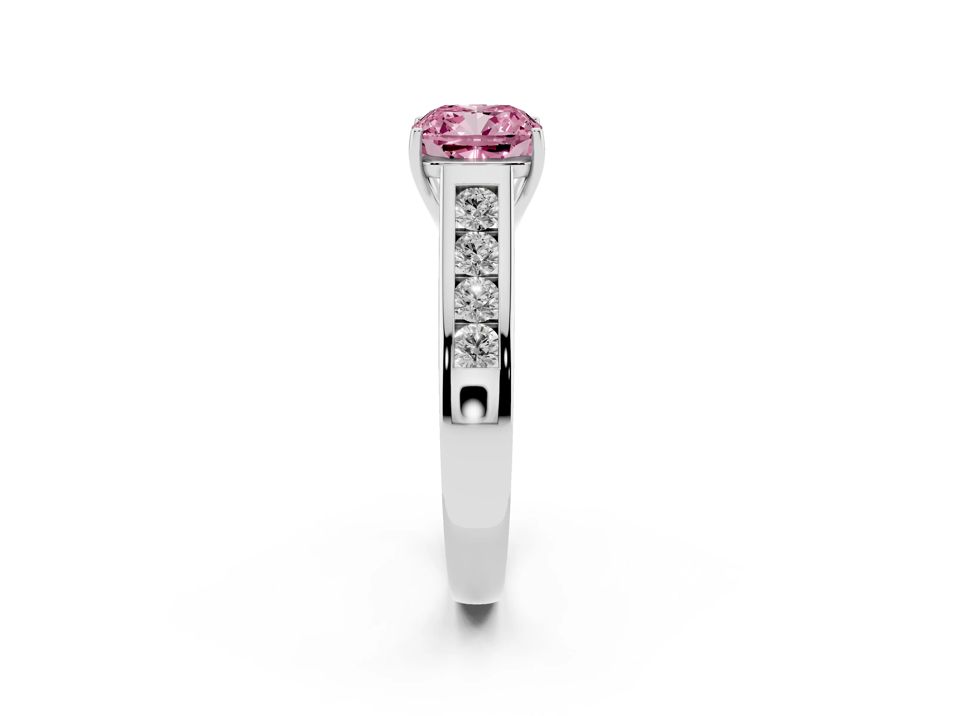 Fancy Pink Cushion Cut Diamond Brilliant Channel-Set Solitaire Ring Set in Platinum with Prong Setting