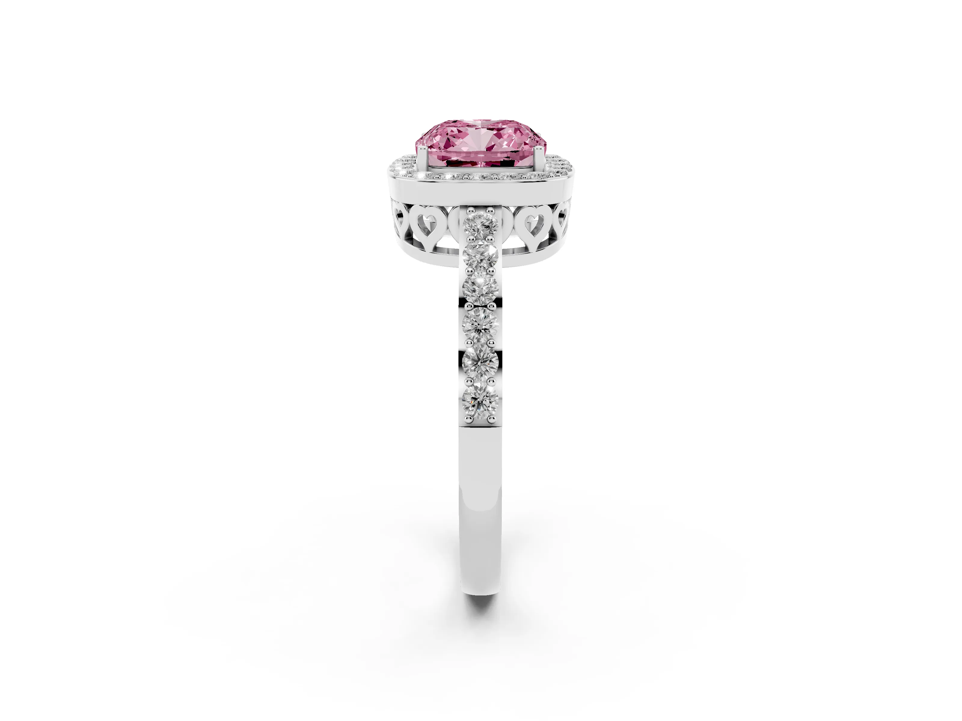 Fancy Pink Cushion Cut Diamond Halo Ring Set in White gold with Pavé-Setting Band and Open Prong Center