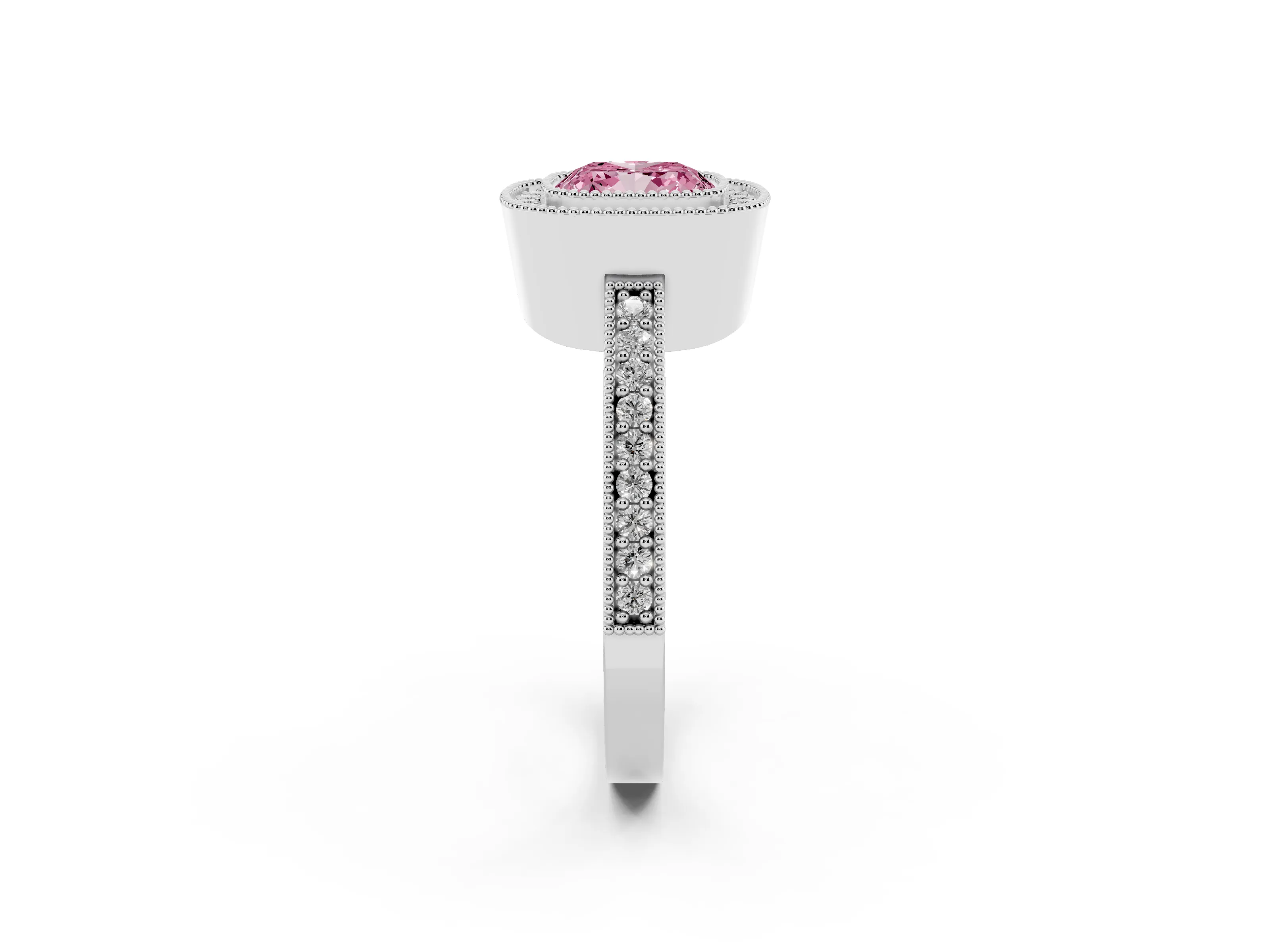 Fancy Pink Cushion Cut Diamond Halo Engagement Ring Set in White gold with Pavé Band and Round Halo Stones