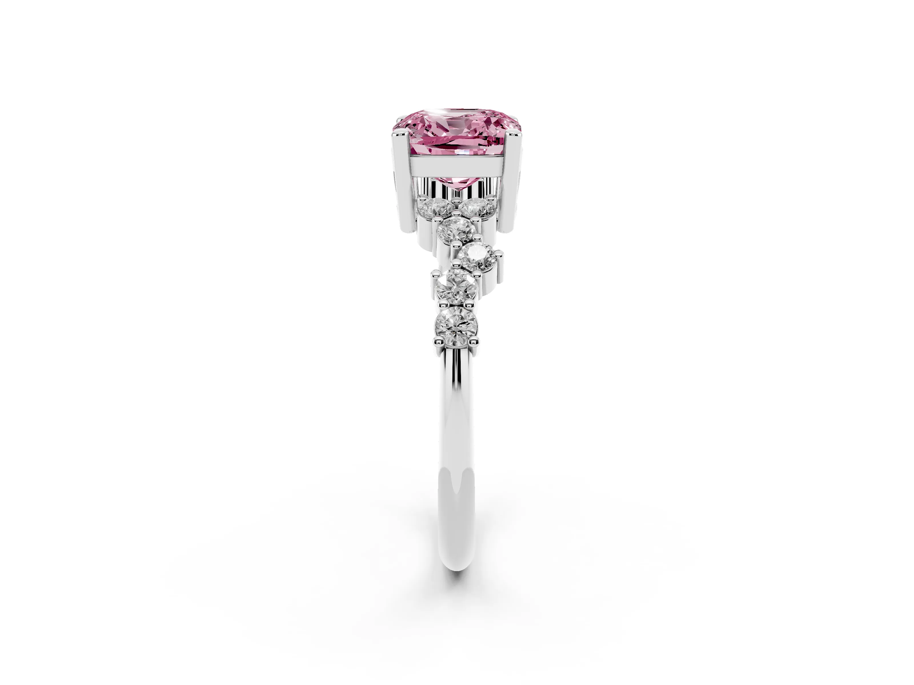 Fancy Pink Cushion Cut Diamond Ring Set in White gold with Scattered Round Accents
