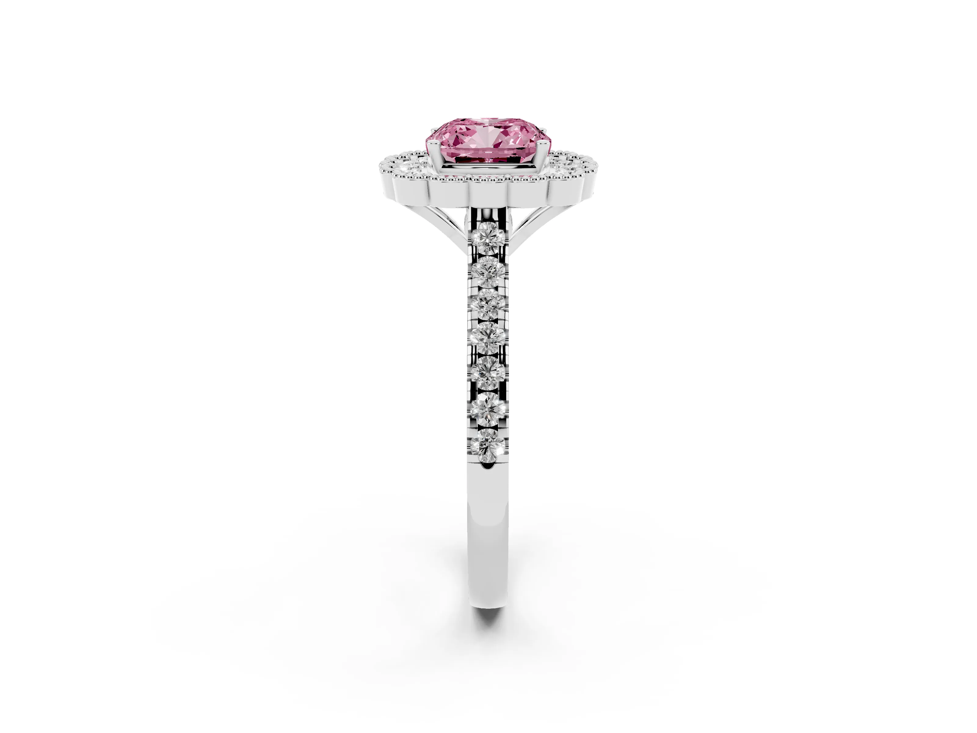 Fancy Pink Cushion Cut Diamond Milgrain Floral Halo Engagement Ring Set in White gold with Pavé Band