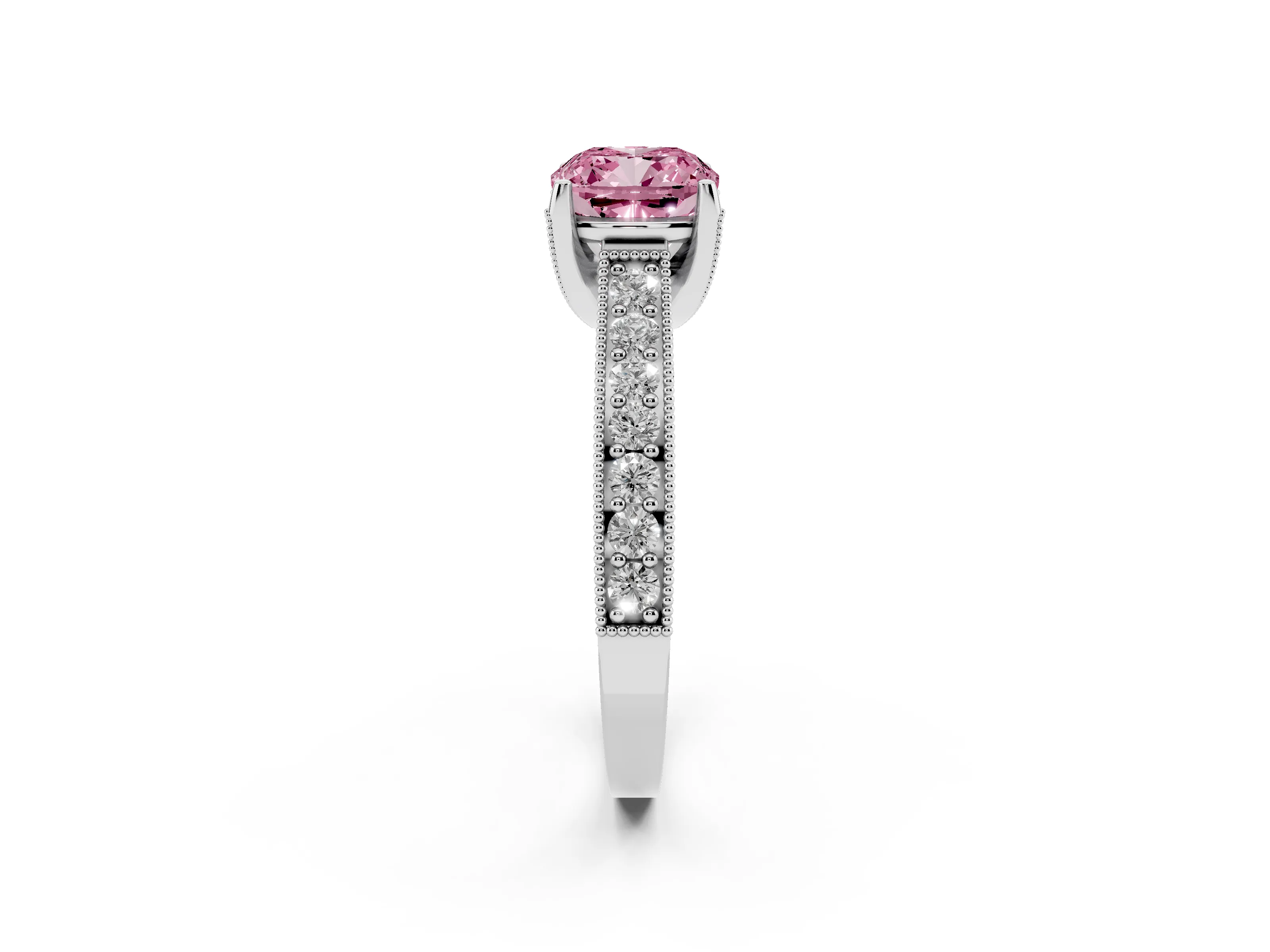 Fancy Pink Cushion Cut Diamond Solitaire Ring Set in Silver with Milgrain-Edged Pavé Band and Prong Setting