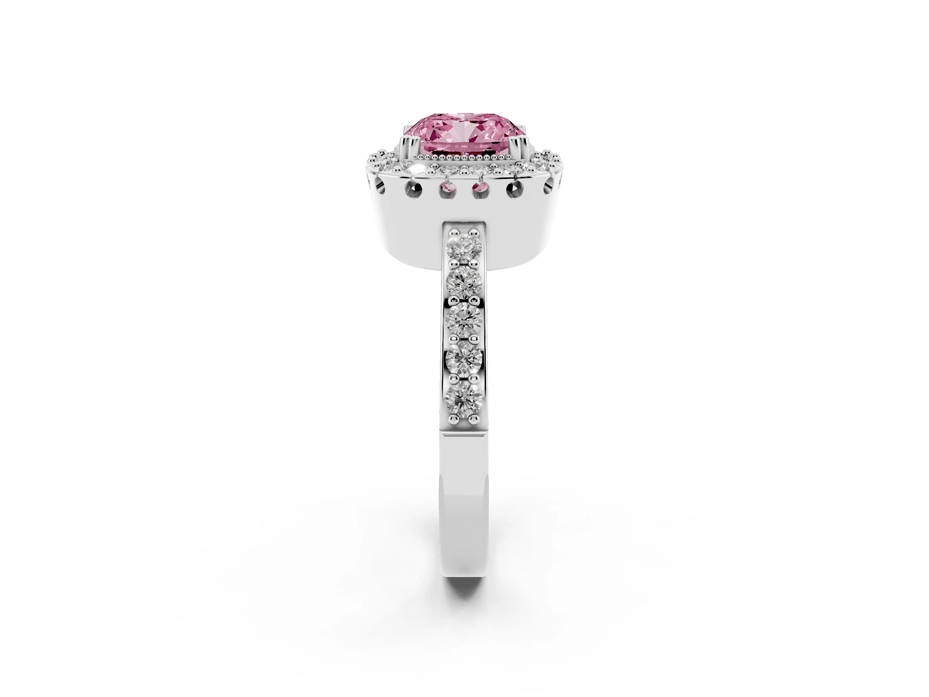 Fancy Pink Cushion Cut Diamond Halo Ring Set in White gold with Pavé Shank and Prong Setting