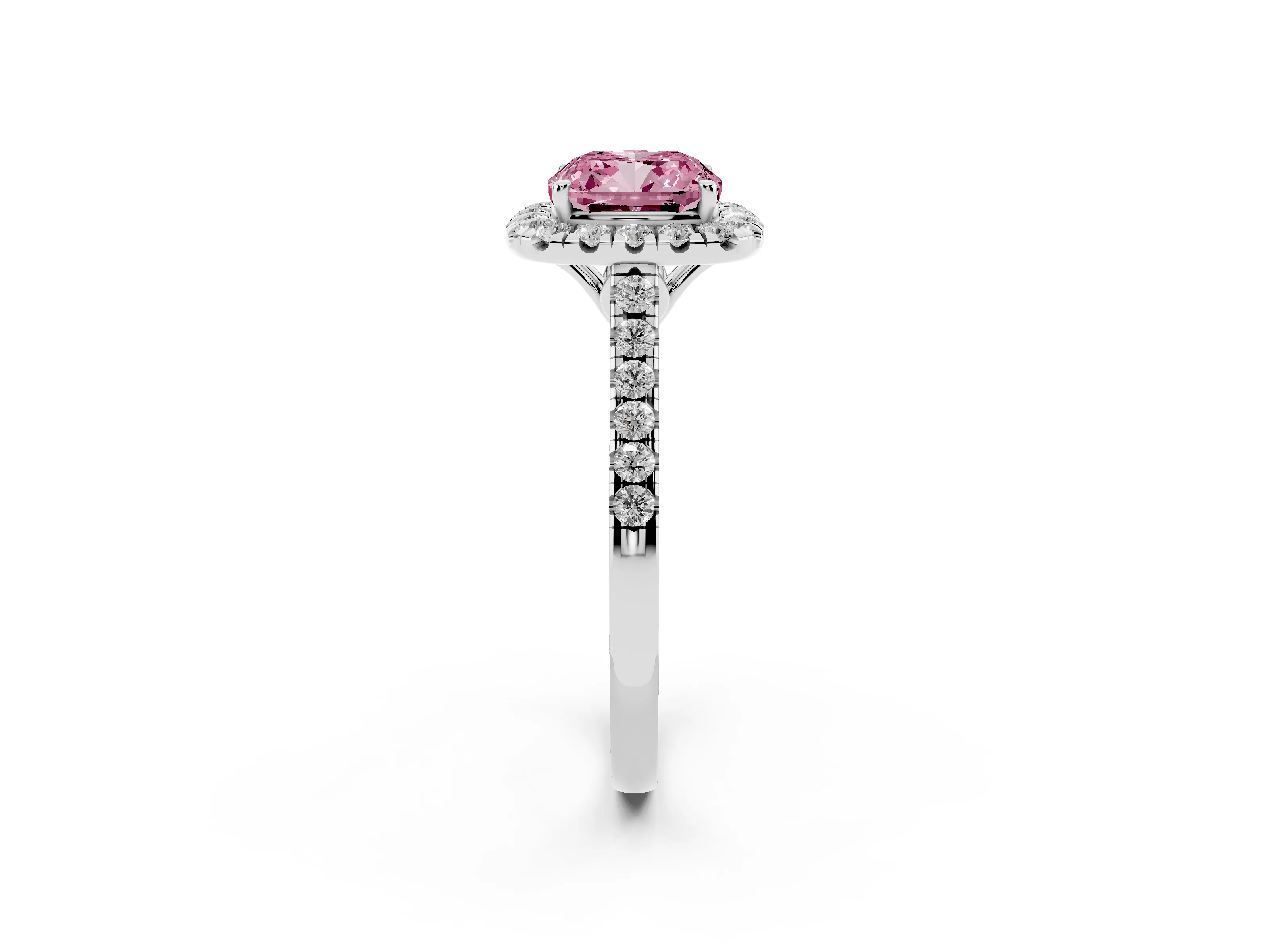 Fancy Pink Cushion Cut Diamond Pavé Halo Engagement Ring Set in Platinum with Pavé Band and Prong Setting