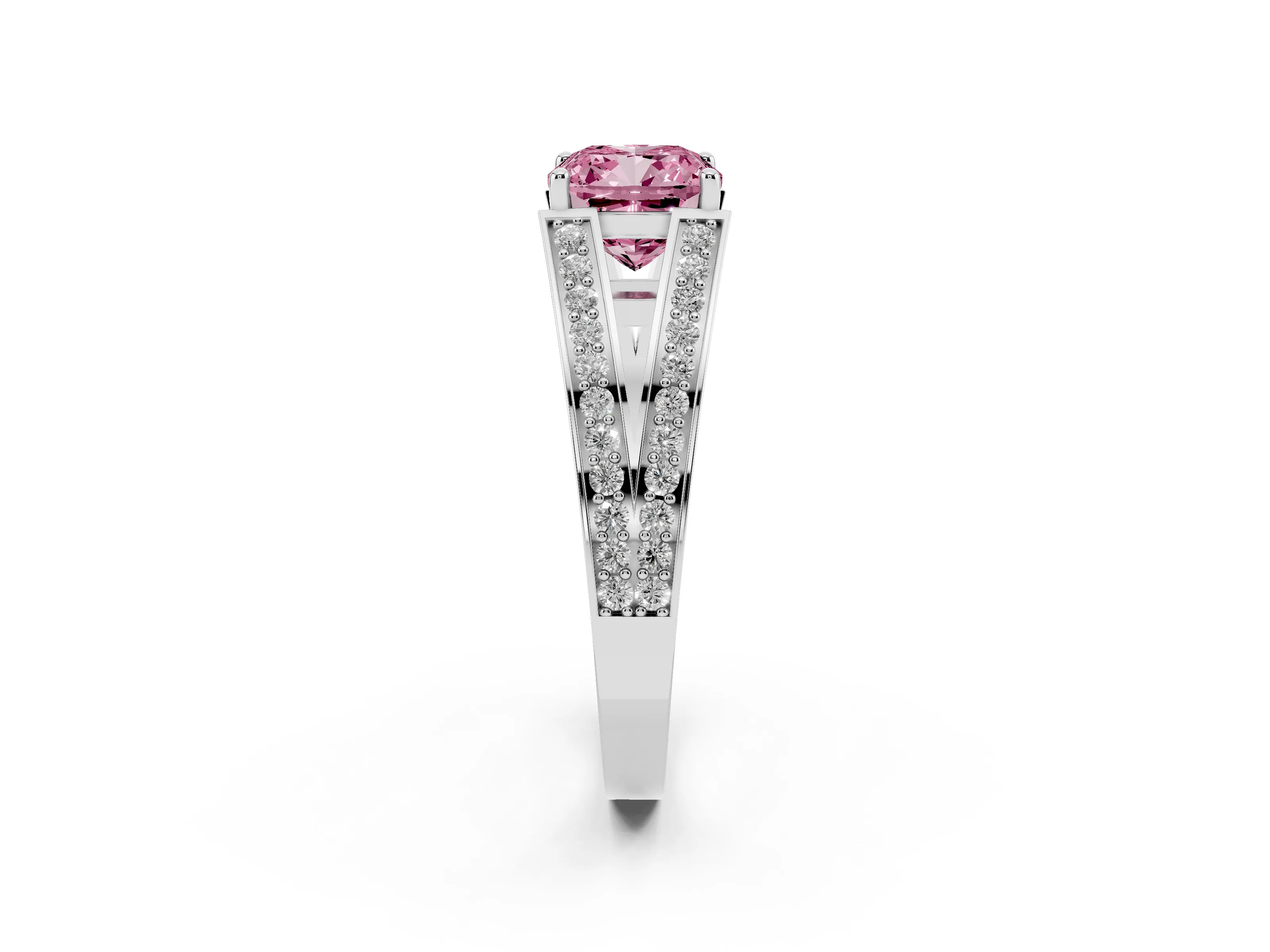 Fancy Pink Cushion Cut Diamond Split Shank Ring Set in Platinum with Pavé Band and Prong Setting