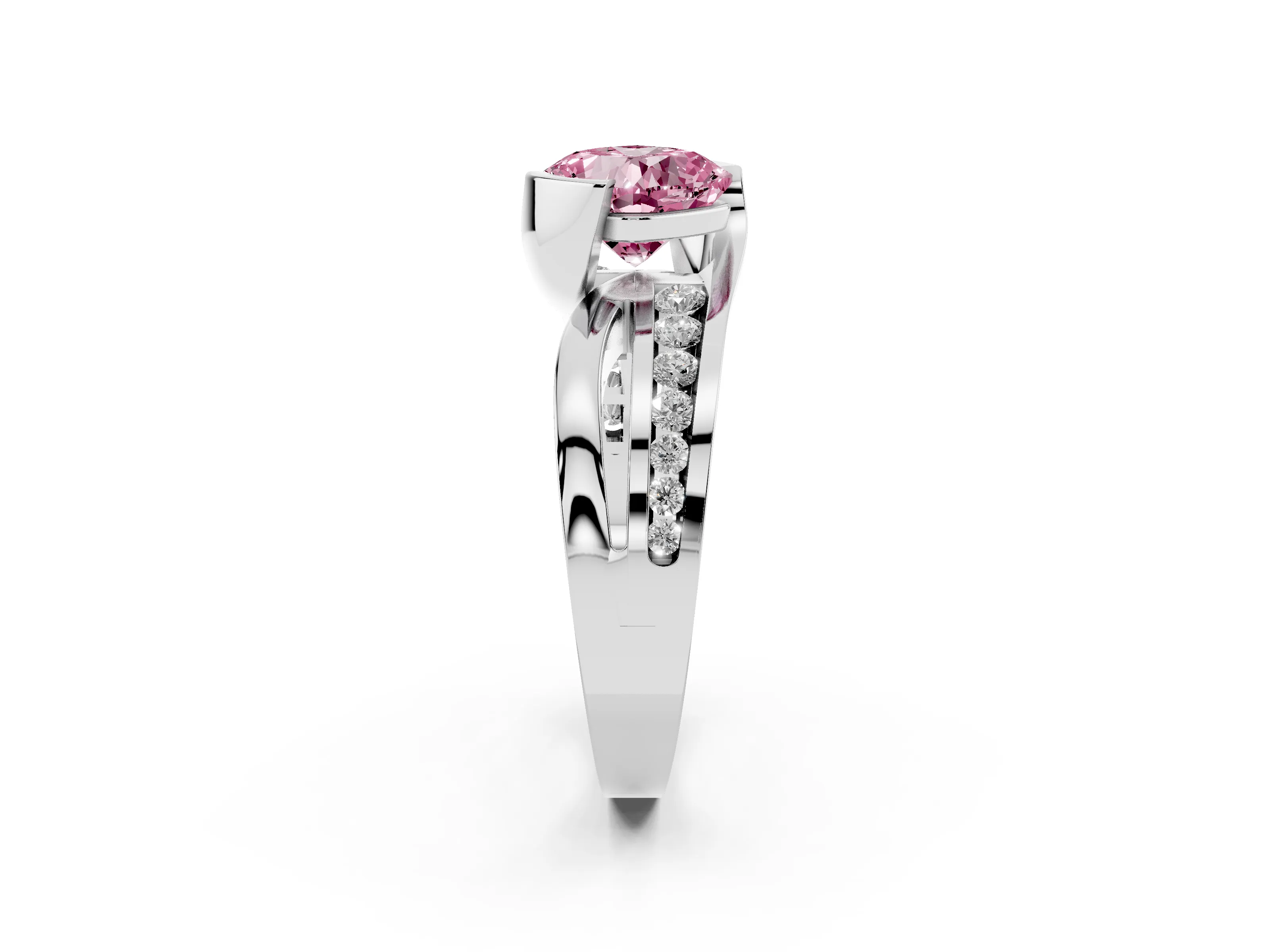 Fancy Pink Cushion Cut Diamond Solitaire Ring Set in White gold with Channel Set Split Shank and Tension Prongs