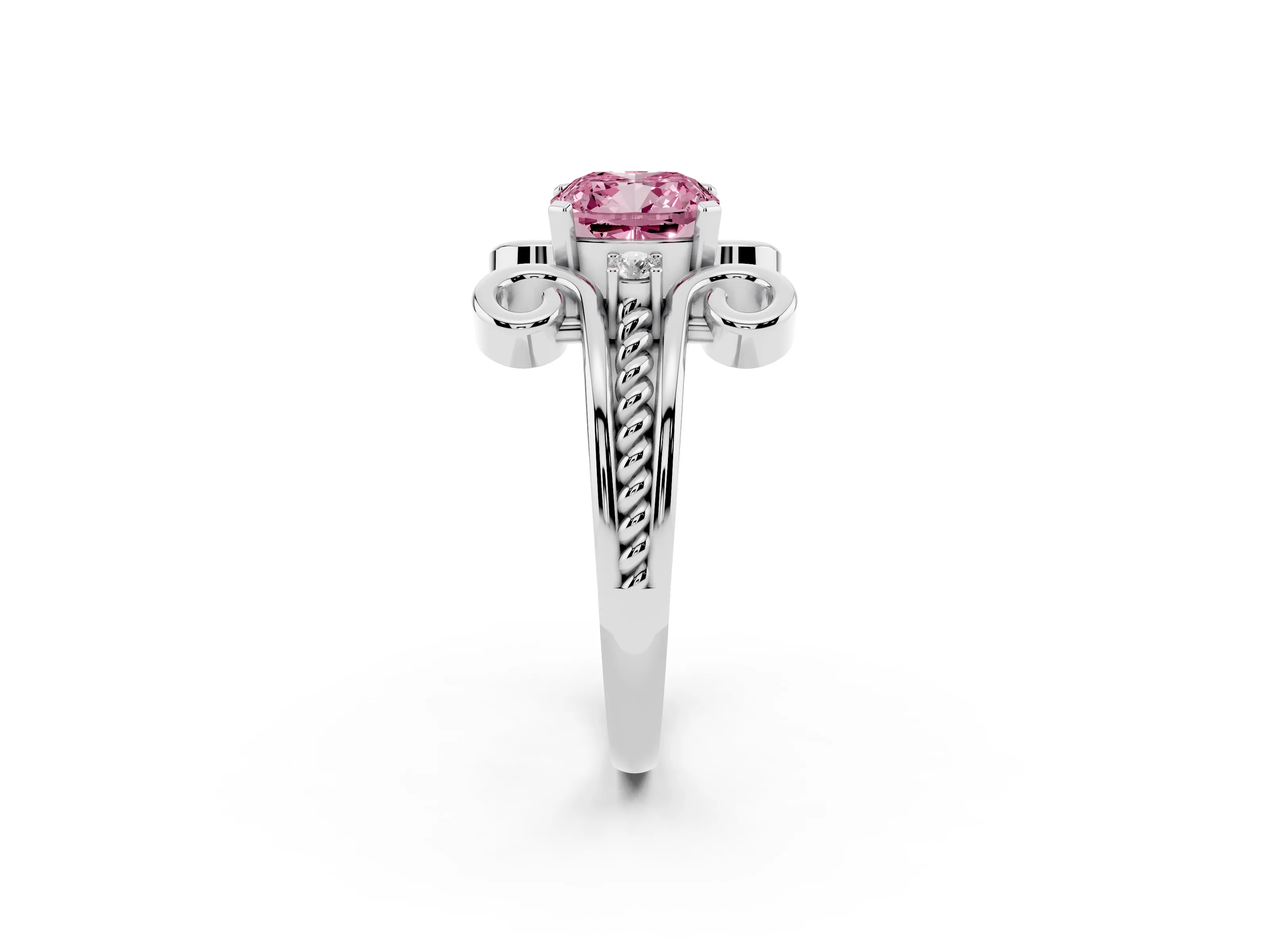 Fancy Pink Cushion Cut Diamond Twisted Band Solitaire Ring Set in White gold with Scroll Prongs
