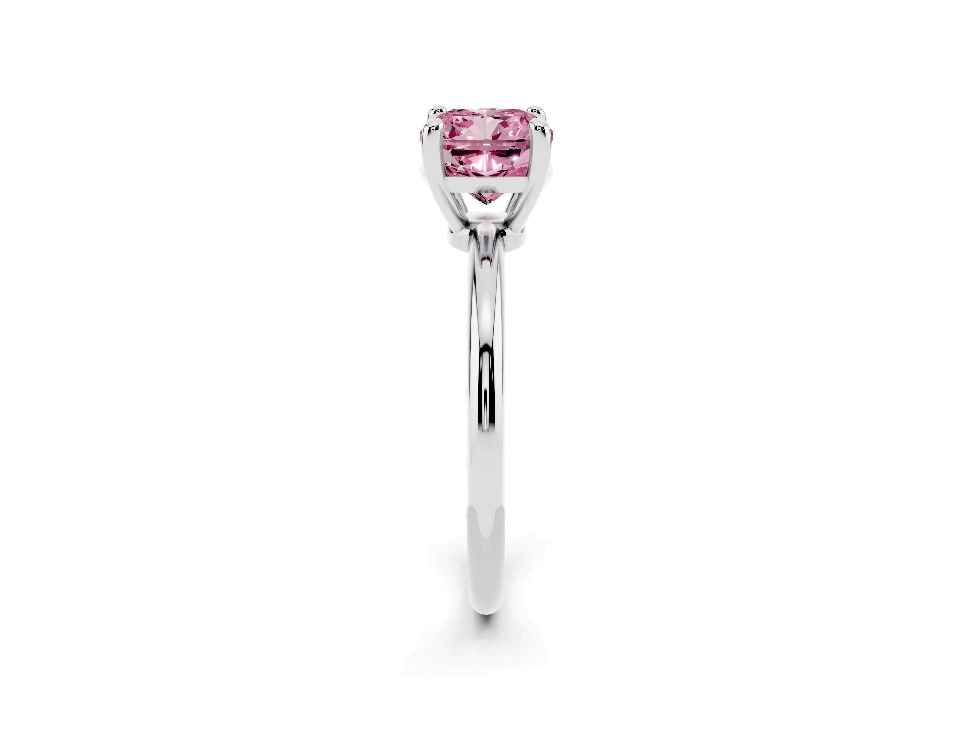 Fancy Pink Cushion Cut Diamond Solitaire Ring Set in Platinum with Secure Prong Setting on a Classic Band