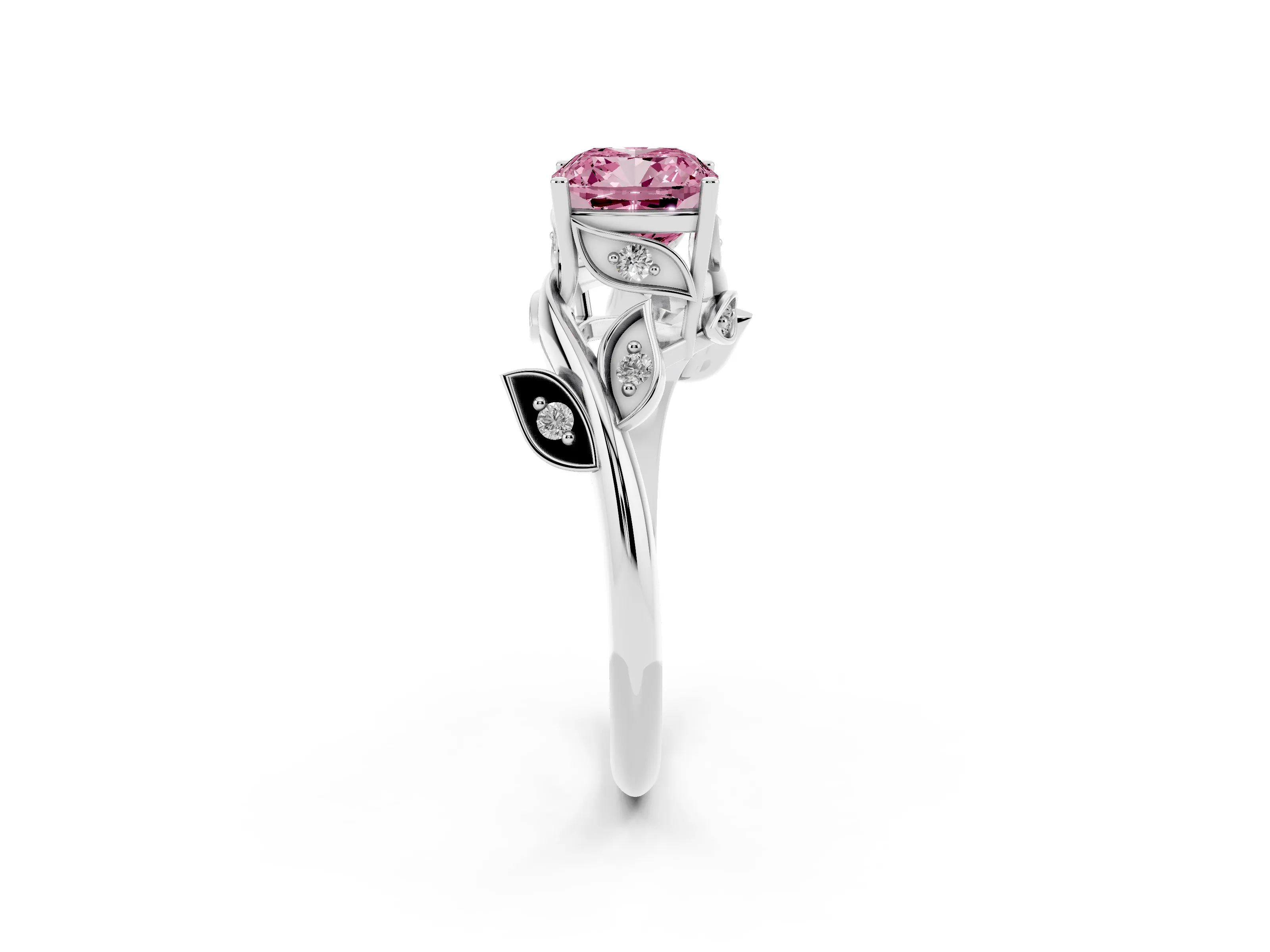 Fancy Pink Cushion Cut Diamond Solitaire Twist Engagement Ring Set in Platinum with Pavé Leaf Accents