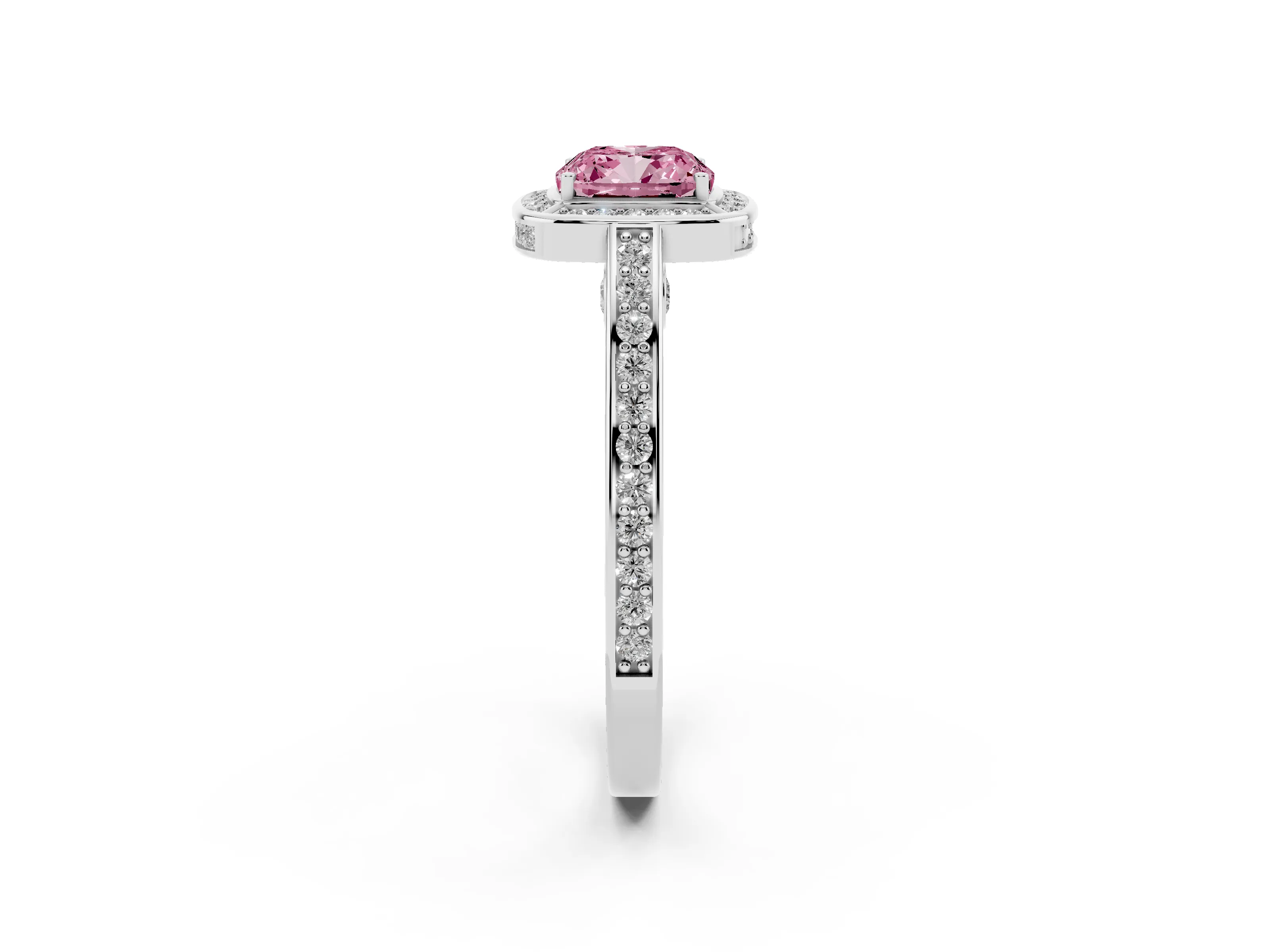 Fancy Pink Cushion Cut Diamond Halo Pavé Split Shank Ring Set in Silver with Prong Setting