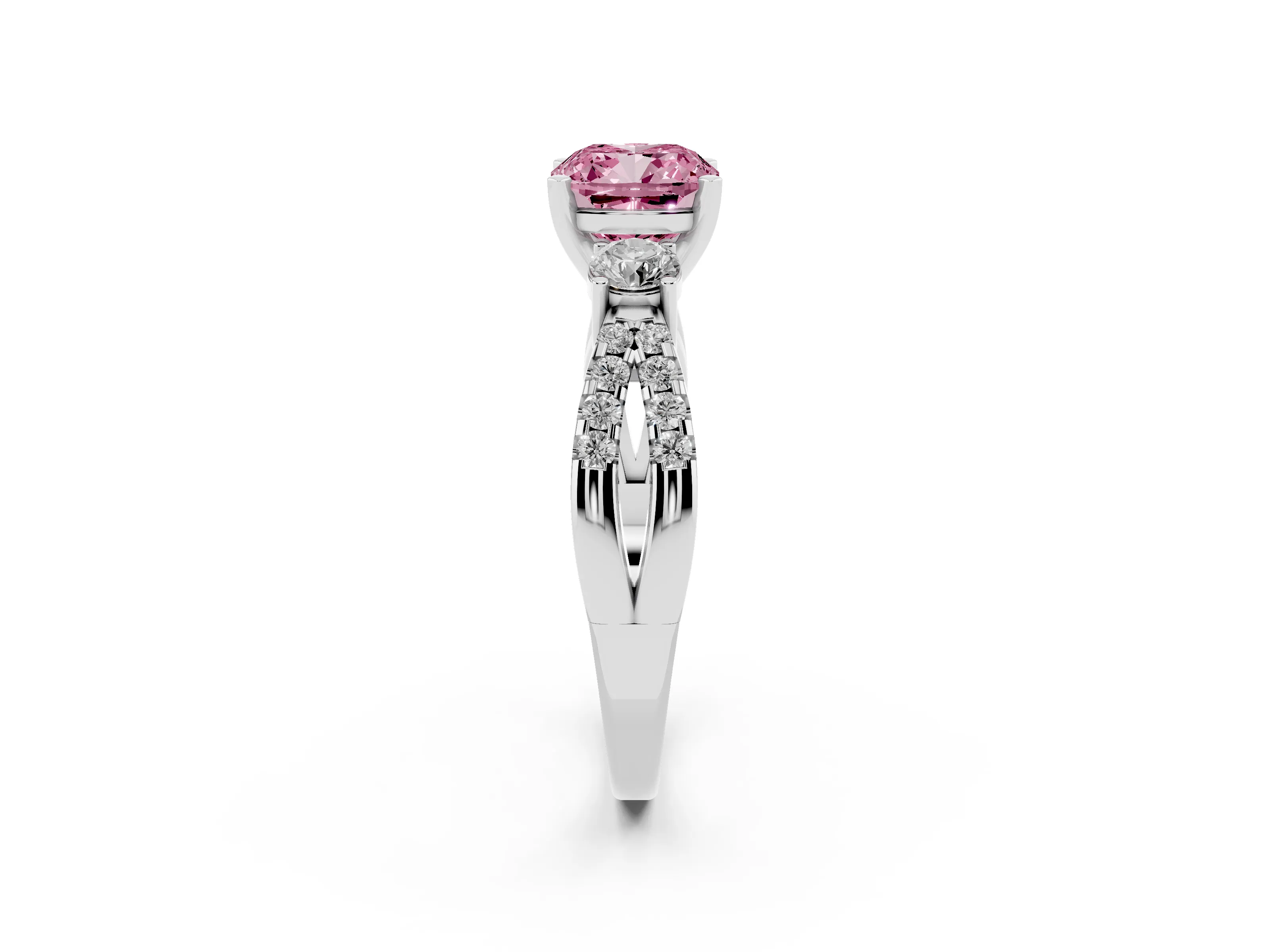 Fancy Pink Cushion Cut Diamond Three-Stone Ring Set in Silver with Pavé Split Shank and Prong Setting