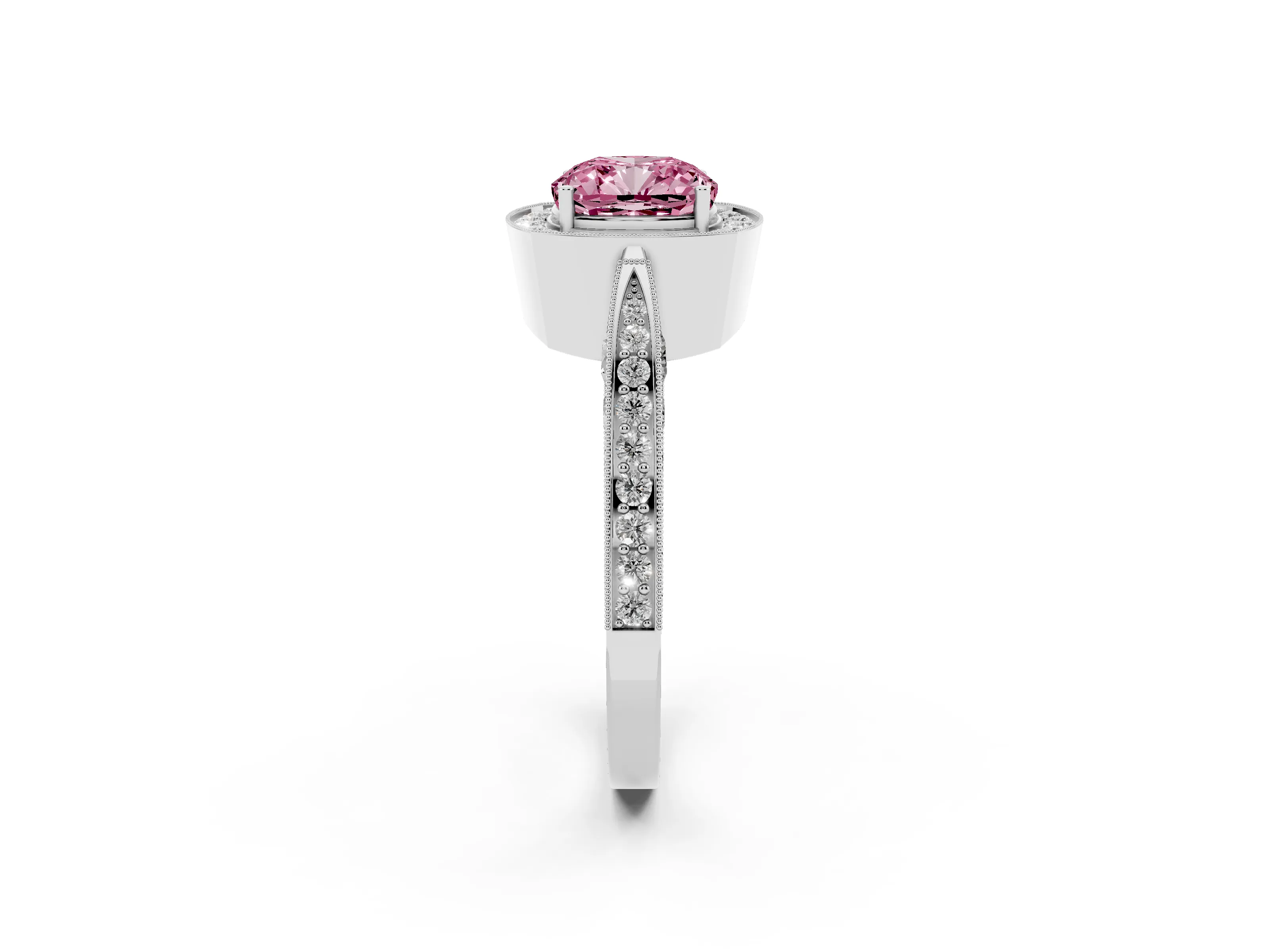 Fancy Pink Cushion Cut Diamond Halo Engagement Ring Set in Silver with Accent Split Shank Band