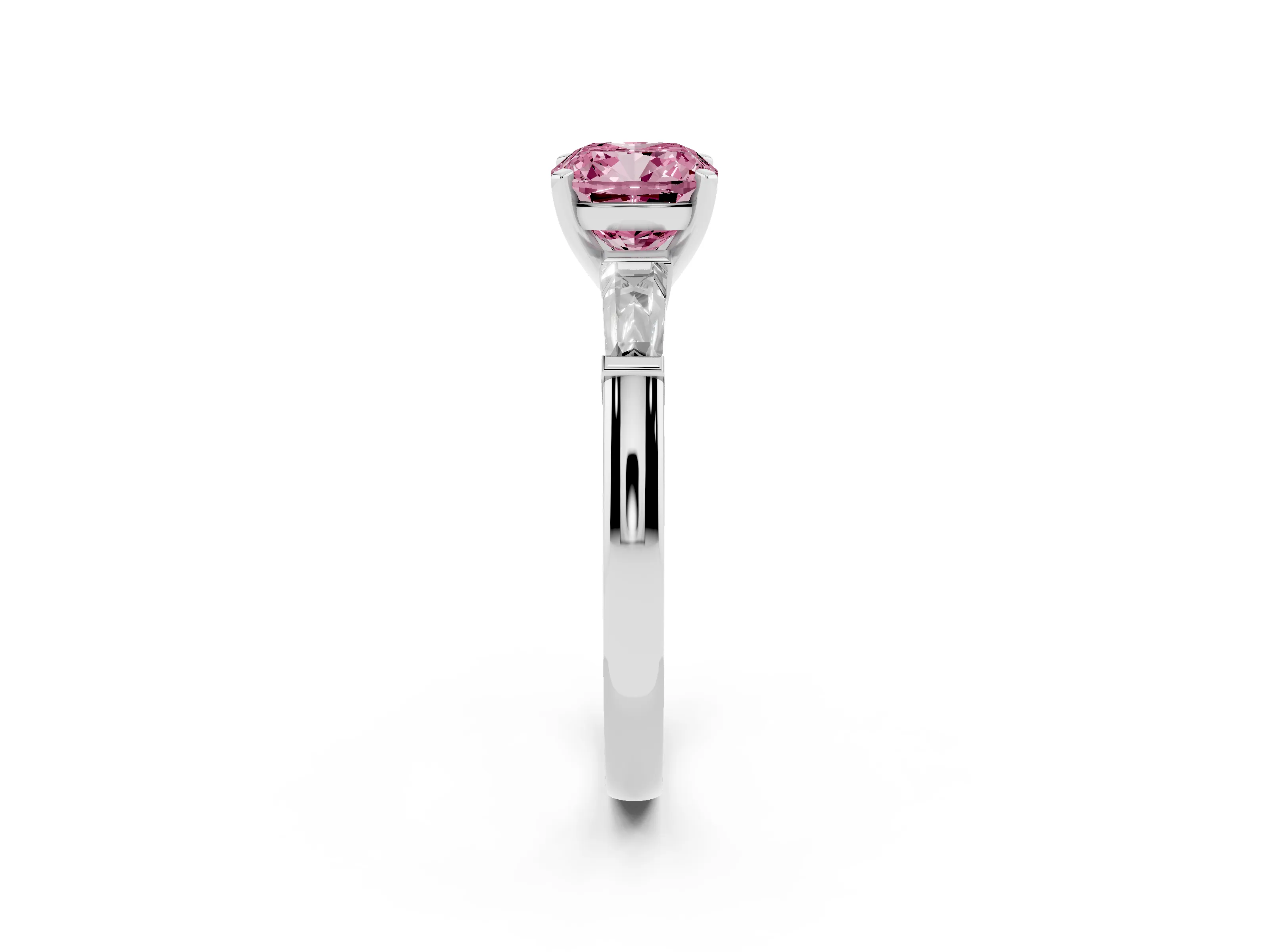 Fancy Pink Cushion Cut Diamond Solitaire Ring Set in Platinum with Tapered Baguette Side Stones and Prong Setting