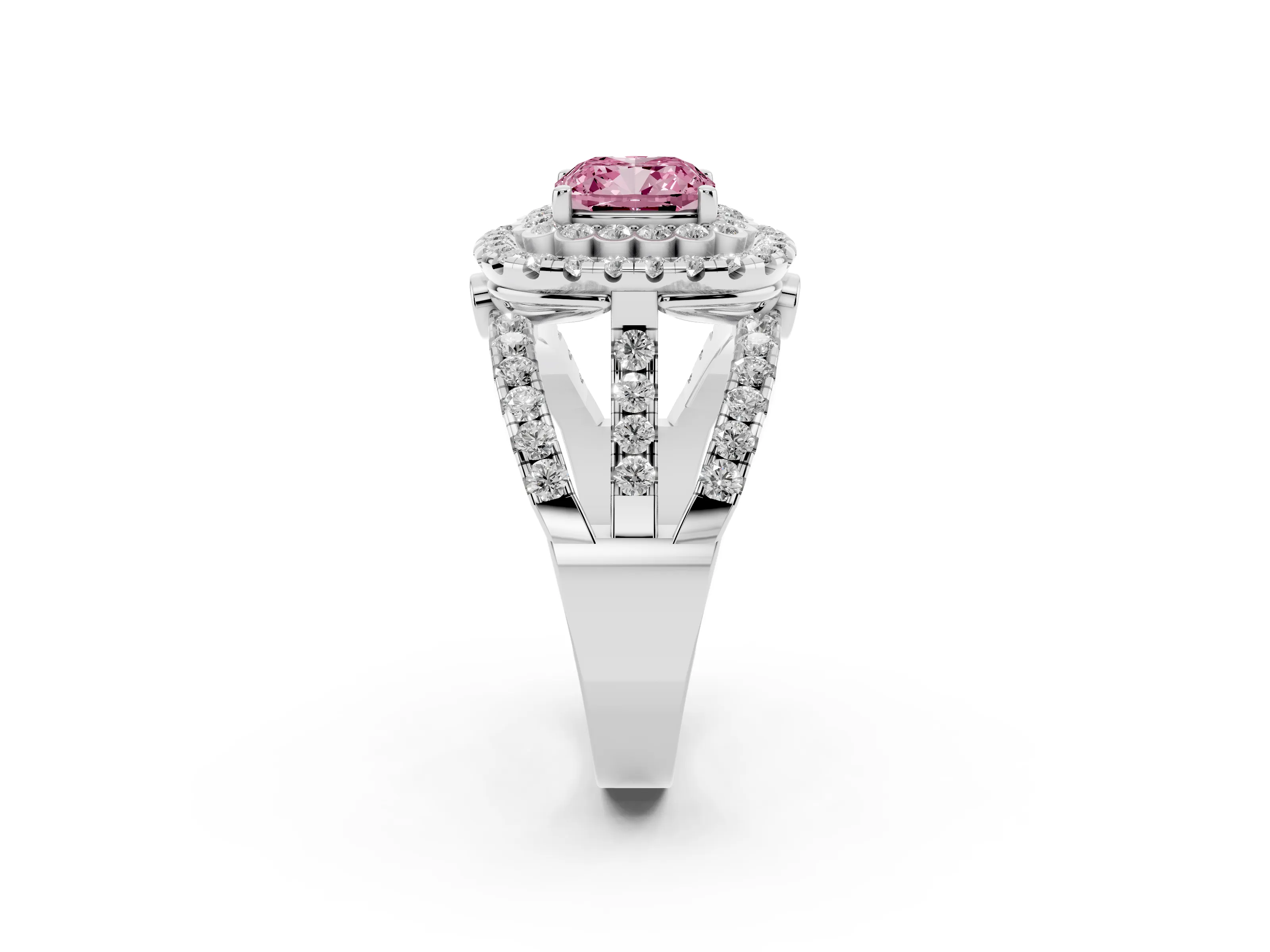 Fancy Pink Cushion Cut Diamond Double Halo Ring Set in Silver with Round Pavé Split Shank