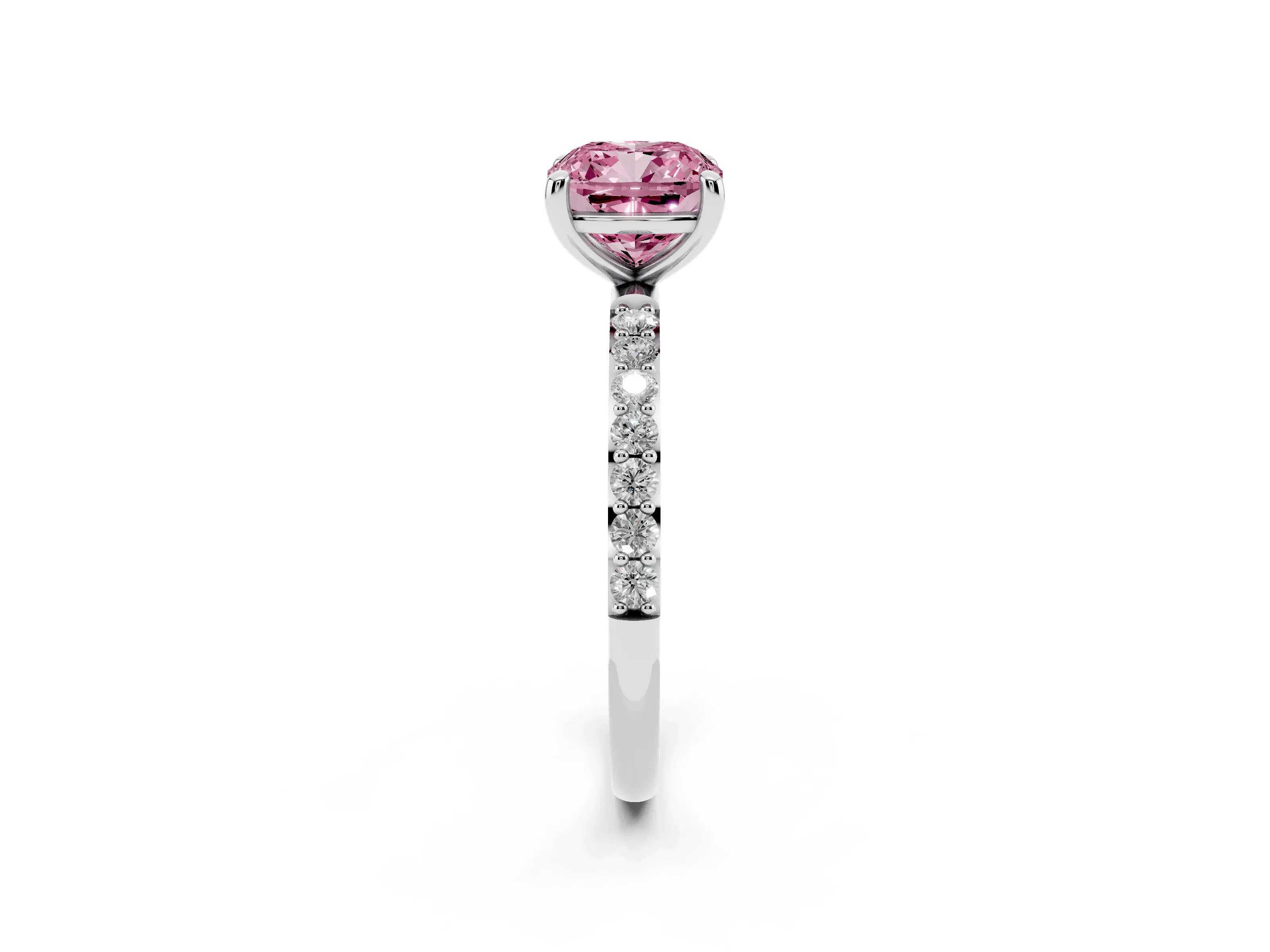 Fancy Pink Cushion Cut Diamond Solitaire Ring Set in Platinum with Round Pavé Band and Prong Setting