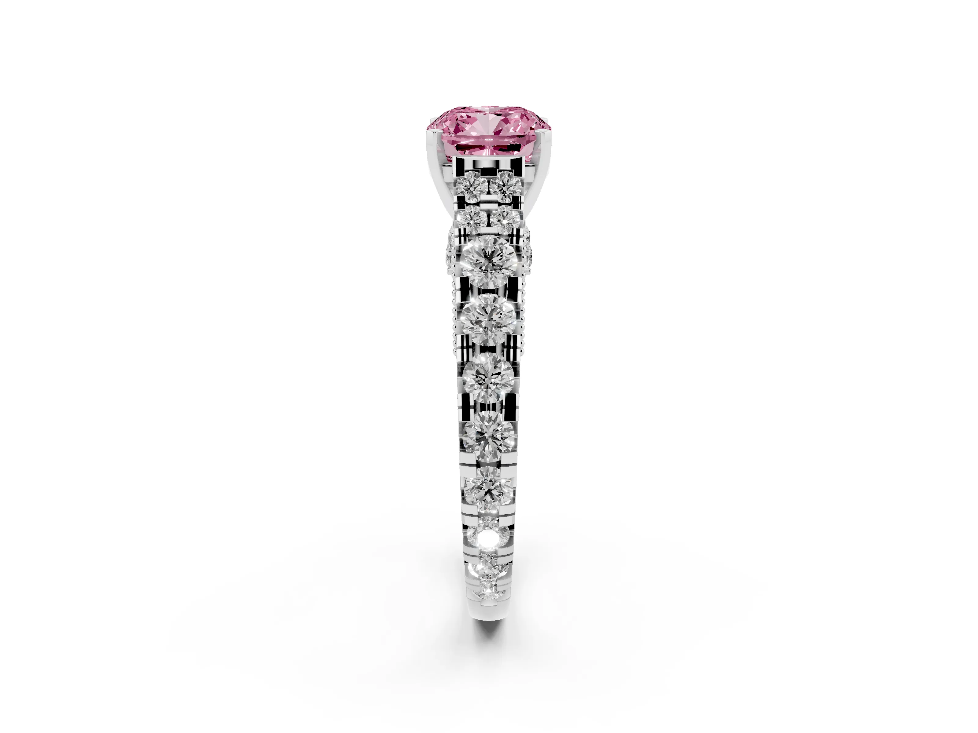 Fancy Pink Cushion Cut Diamond Classic Solitaire Ring Set in White gold with Pavé Band and Prong Setting