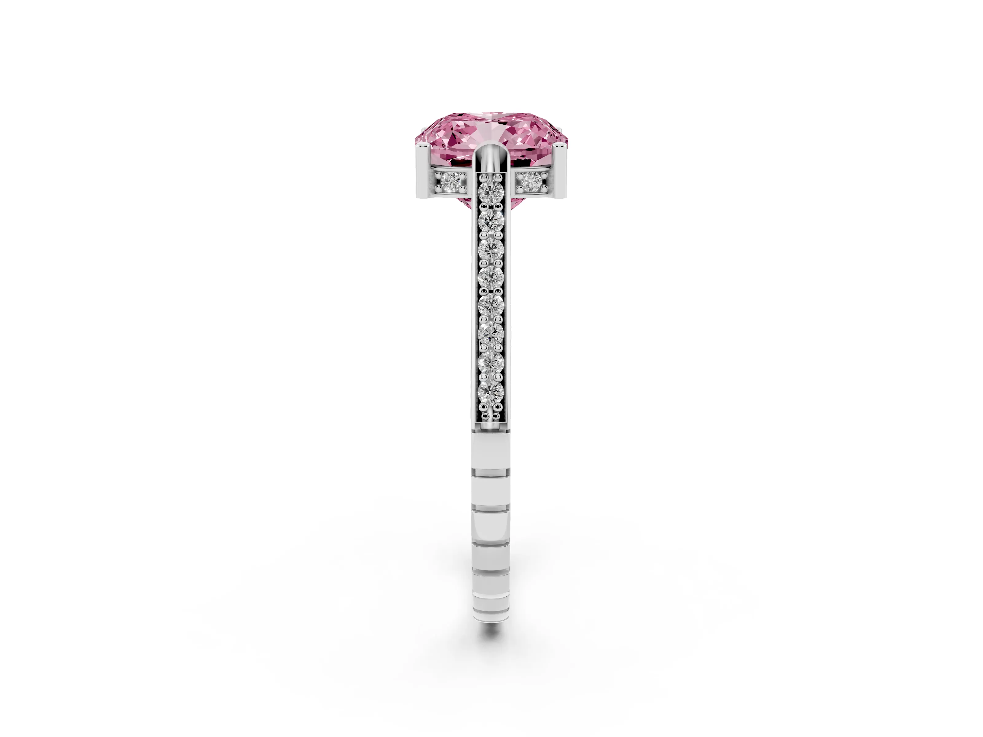 Fancy Pink Cushion Cut Diamond Solitaire Ring Set in White gold with Channel Set Band and Bezel Prong Setting