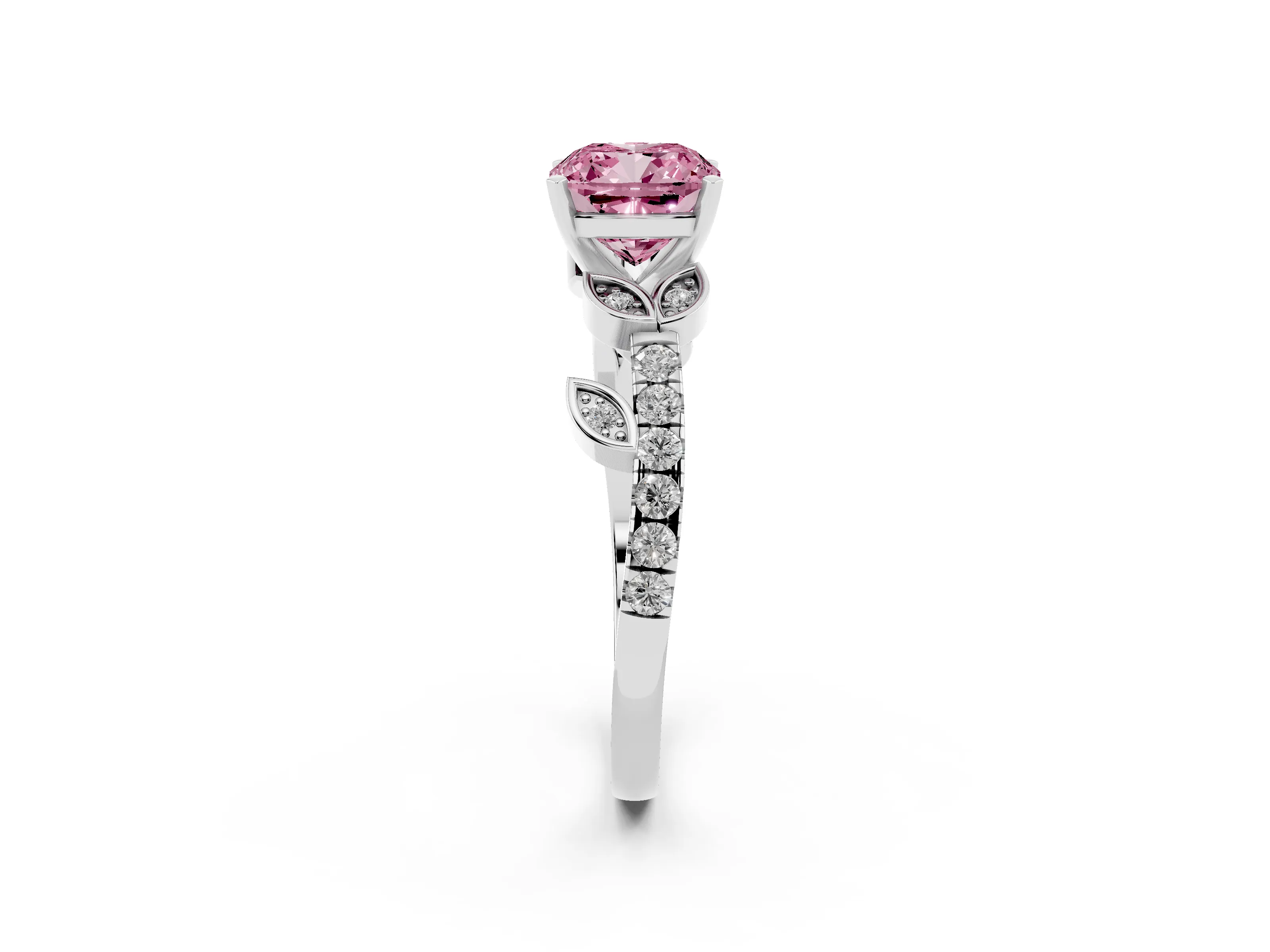 Fancy Pink Cushion Cut Diamond Solitaire Leaf-Inspired Ring Set in Silver with Pavé Band and Prong Setting