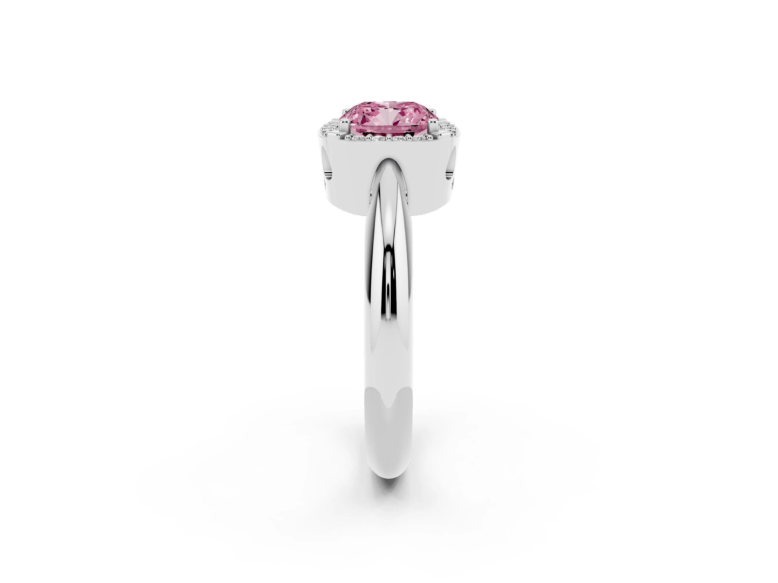 Fancy Pink Cushion Cut Diamond Halo Engagement Ring Set in White gold with Plain Split Shank and Prong Setting