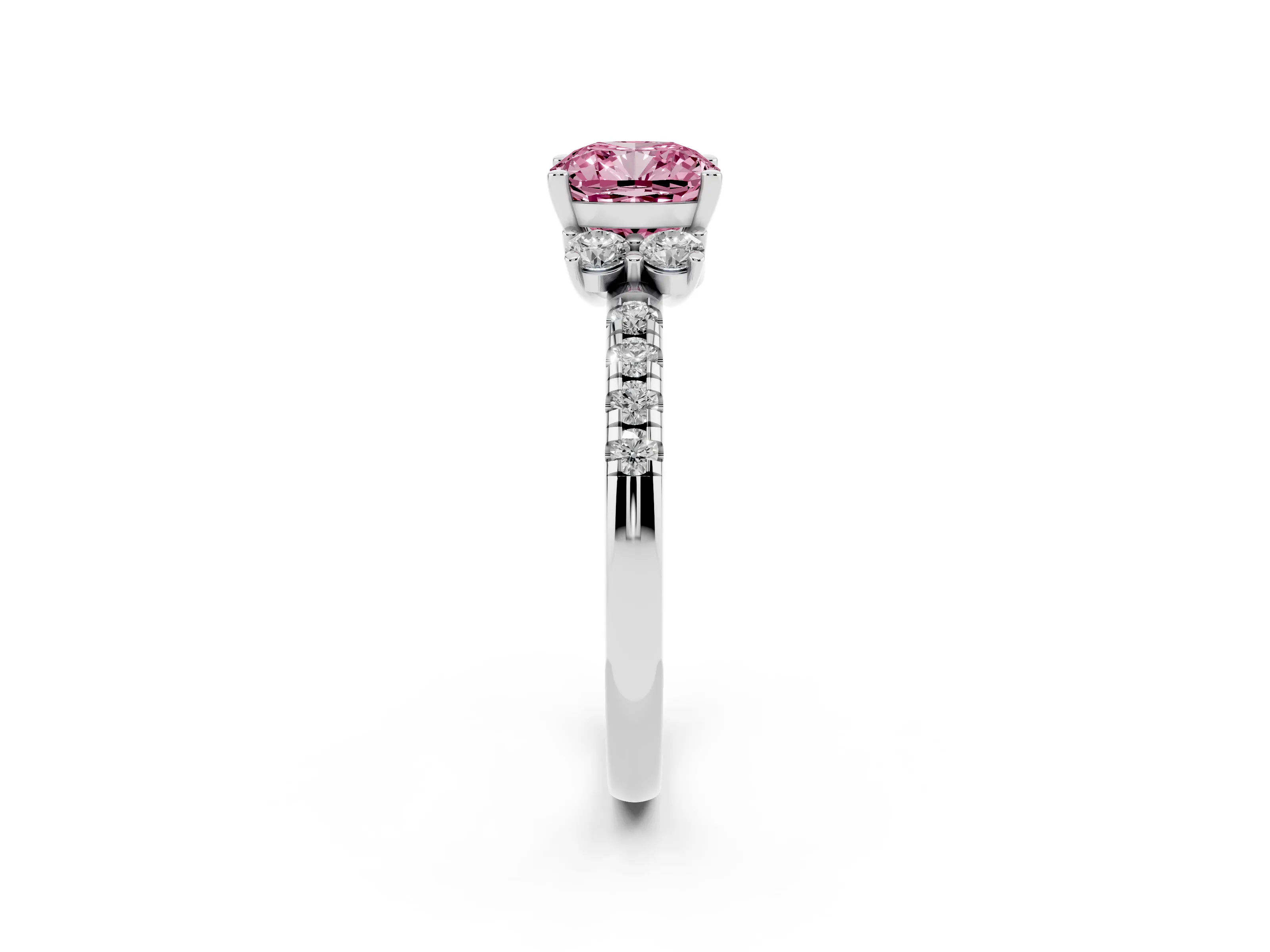 Fancy Pink Cushion Cut Diamond Three-Stone Pavé Ring Set in Silver with Prong Setting