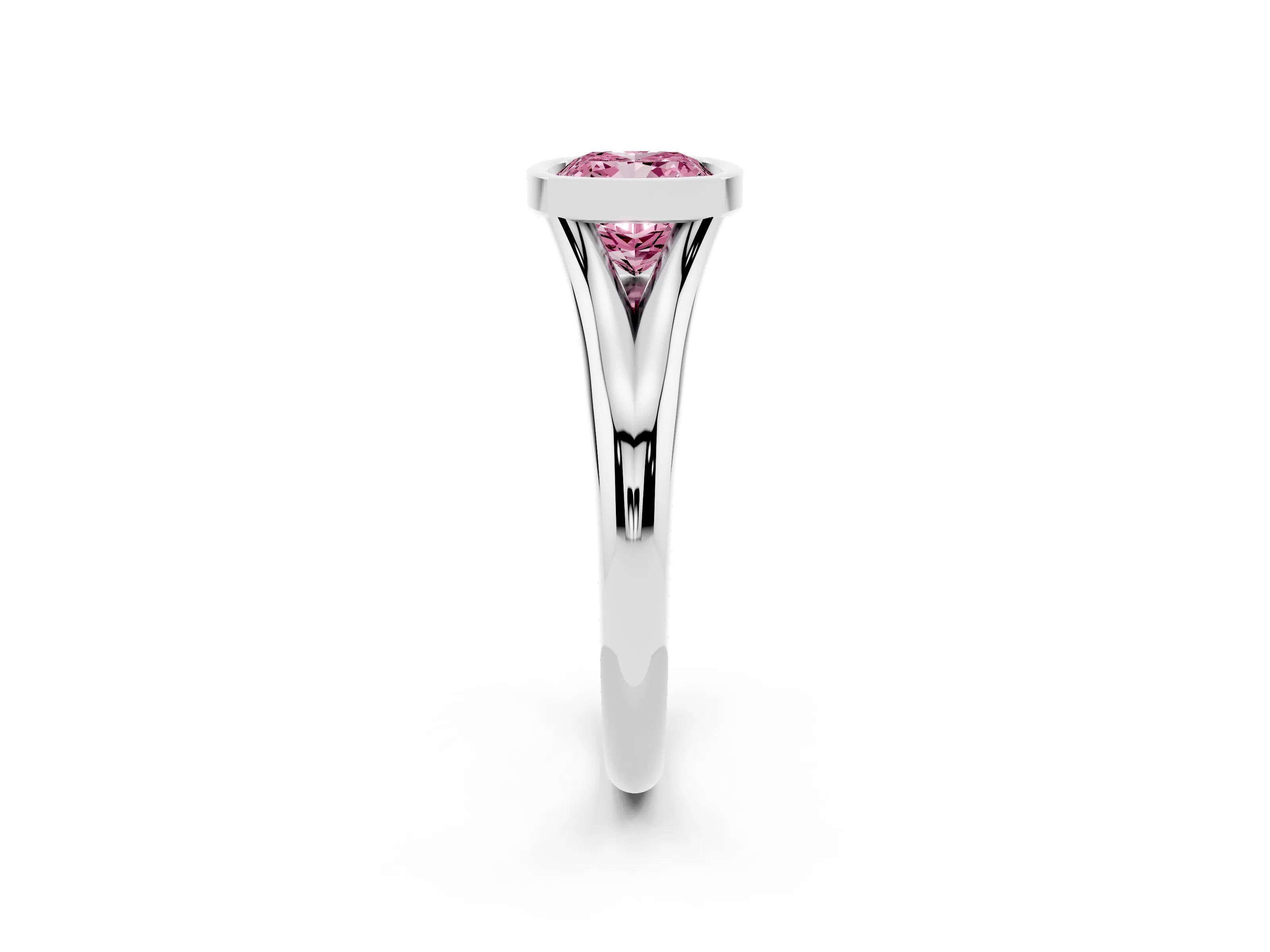 Fancy Pink Bezel Set Cushion Cut Diamond Solitaire Ring Set in Silver with Smooth Band