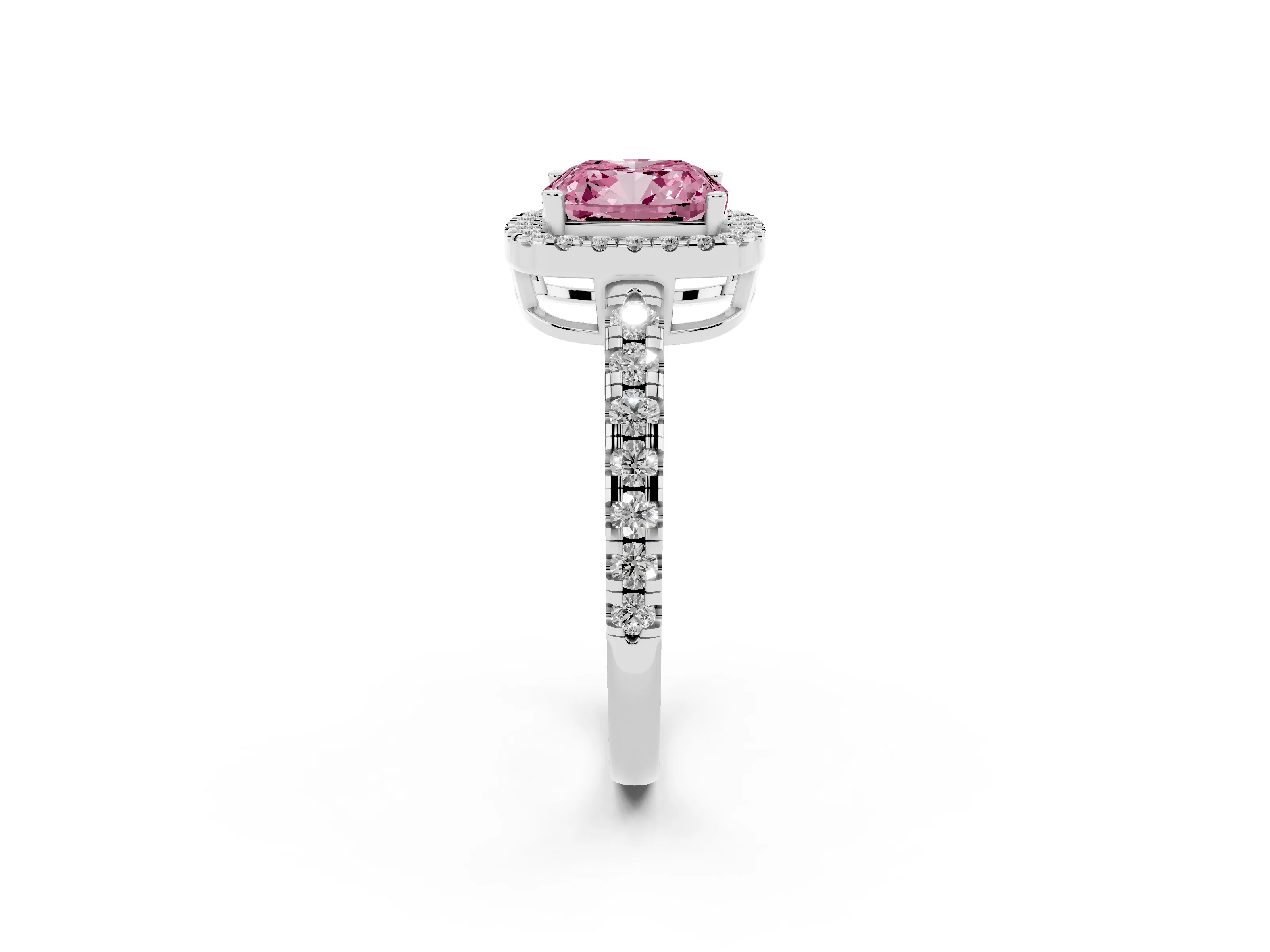 Fancy Pink Cushion Cut Diamond Halo Ring Set in Silver with Delicate Pavé Band and Prong Setting