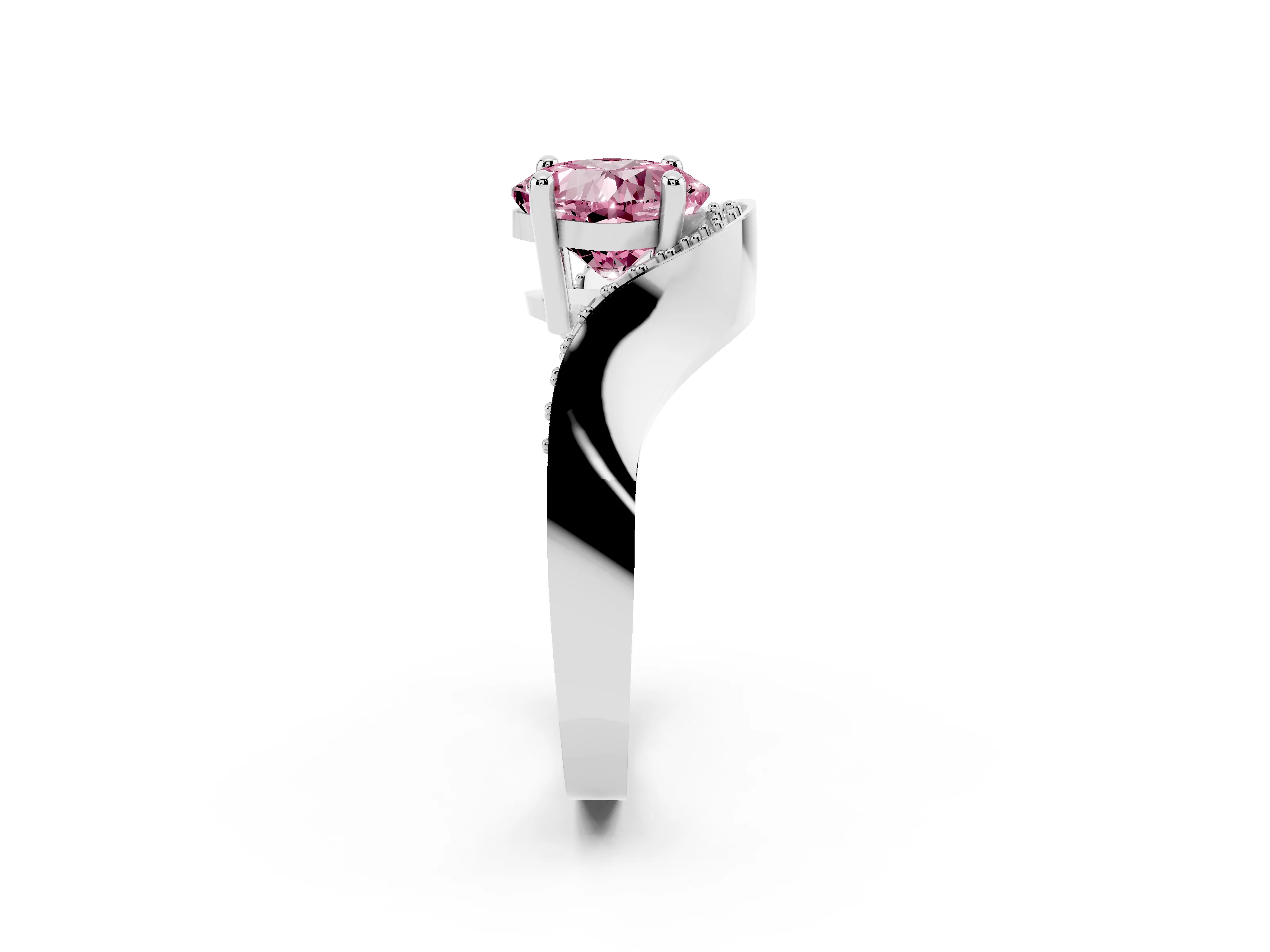 Fancy Pink Cushion Cut Diamond Solitaire Engagement Ring Set in White gold with Pavé Shoulders