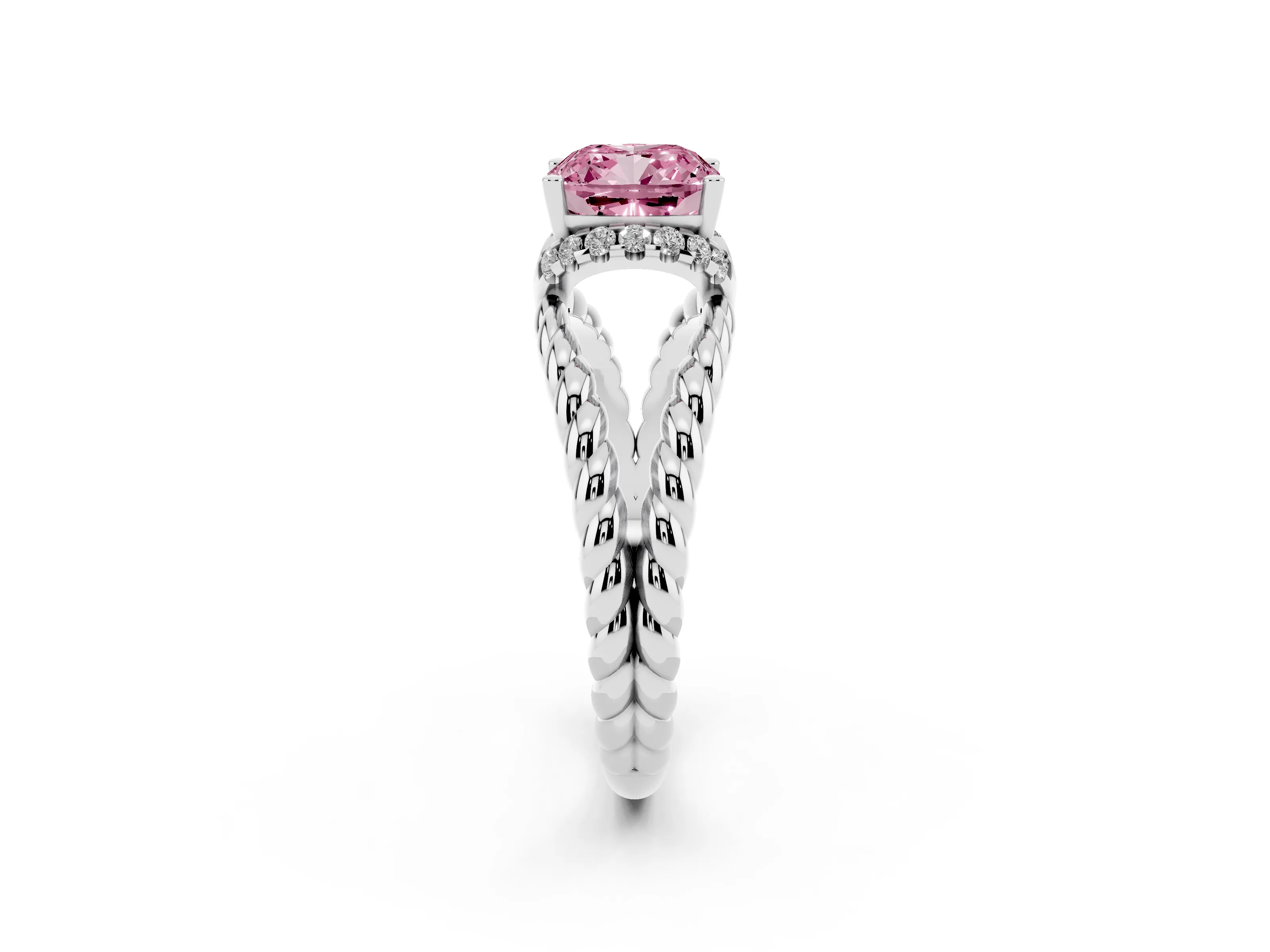 Fancy Pink Cushion Cut Diamond Halo Ring Set in White gold with Twisted Band and Prong Setting