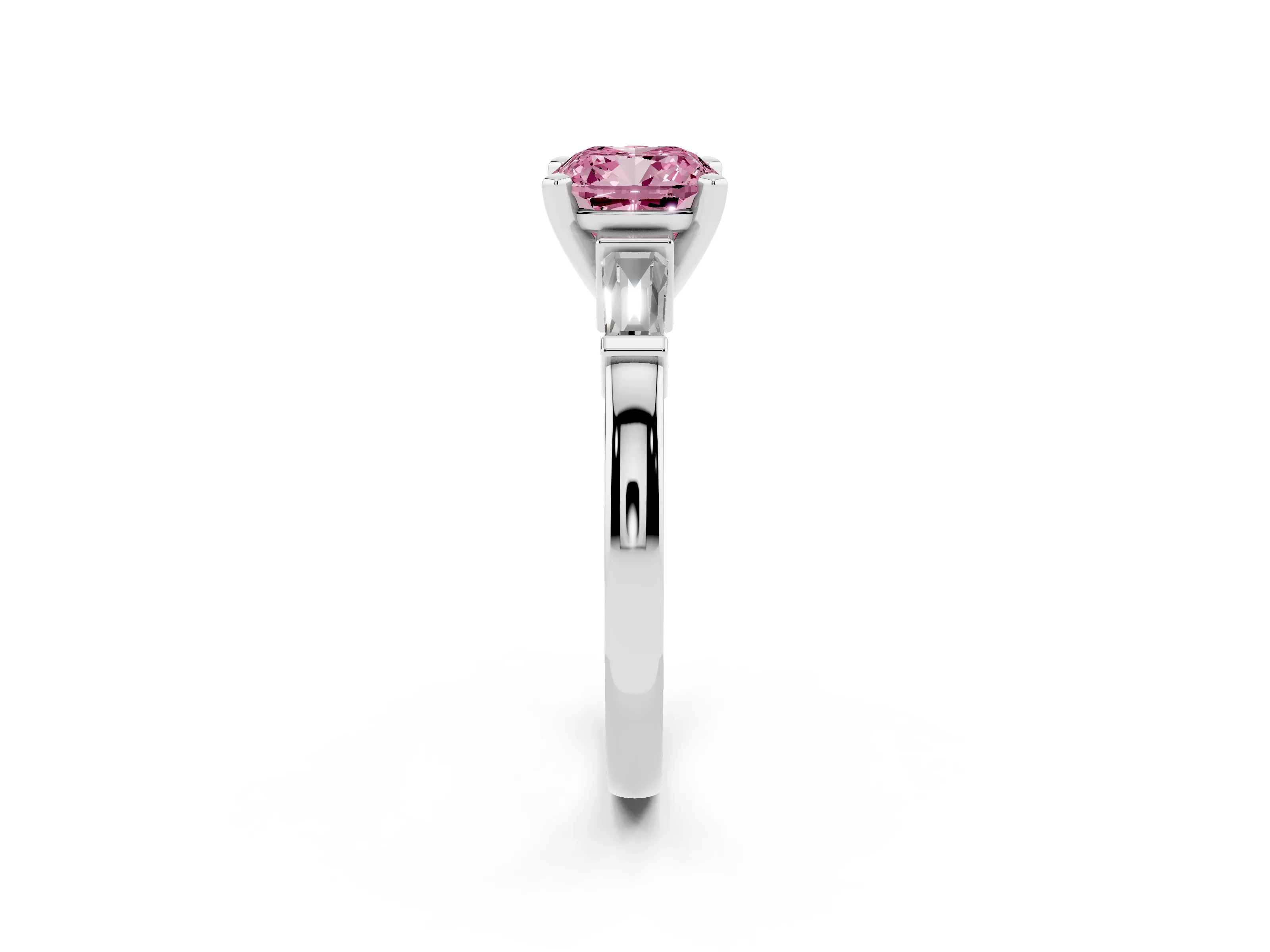 Fancy Pink Cushion Cut Diamond Solitaire Ring Set in Silver with Tapered Baguette Accents and Prong Setting