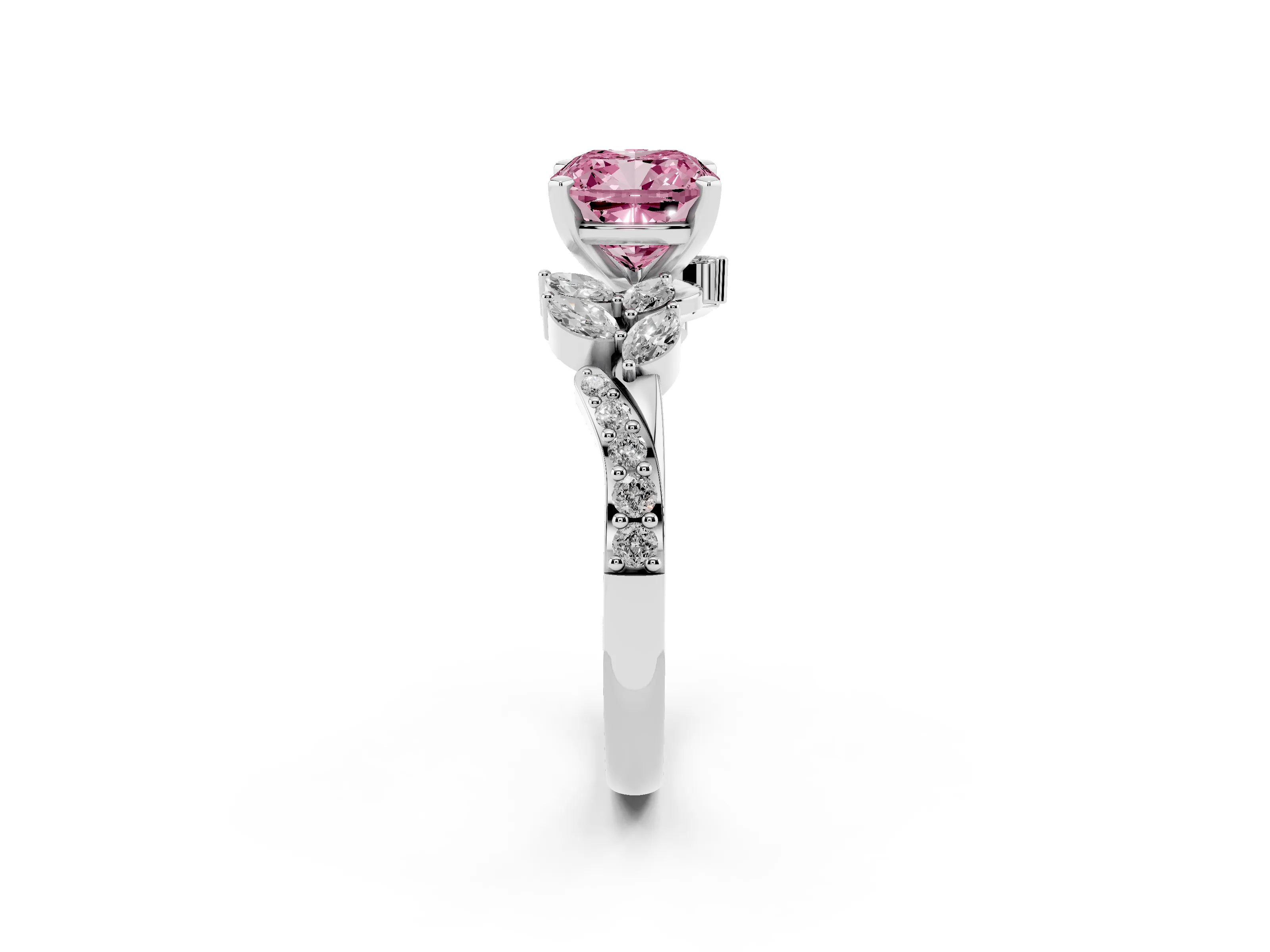 Fancy Pink Cushion Cut Diamond Solitaire Ring Set in White gold with Marquise Twist Band and Prong Setting