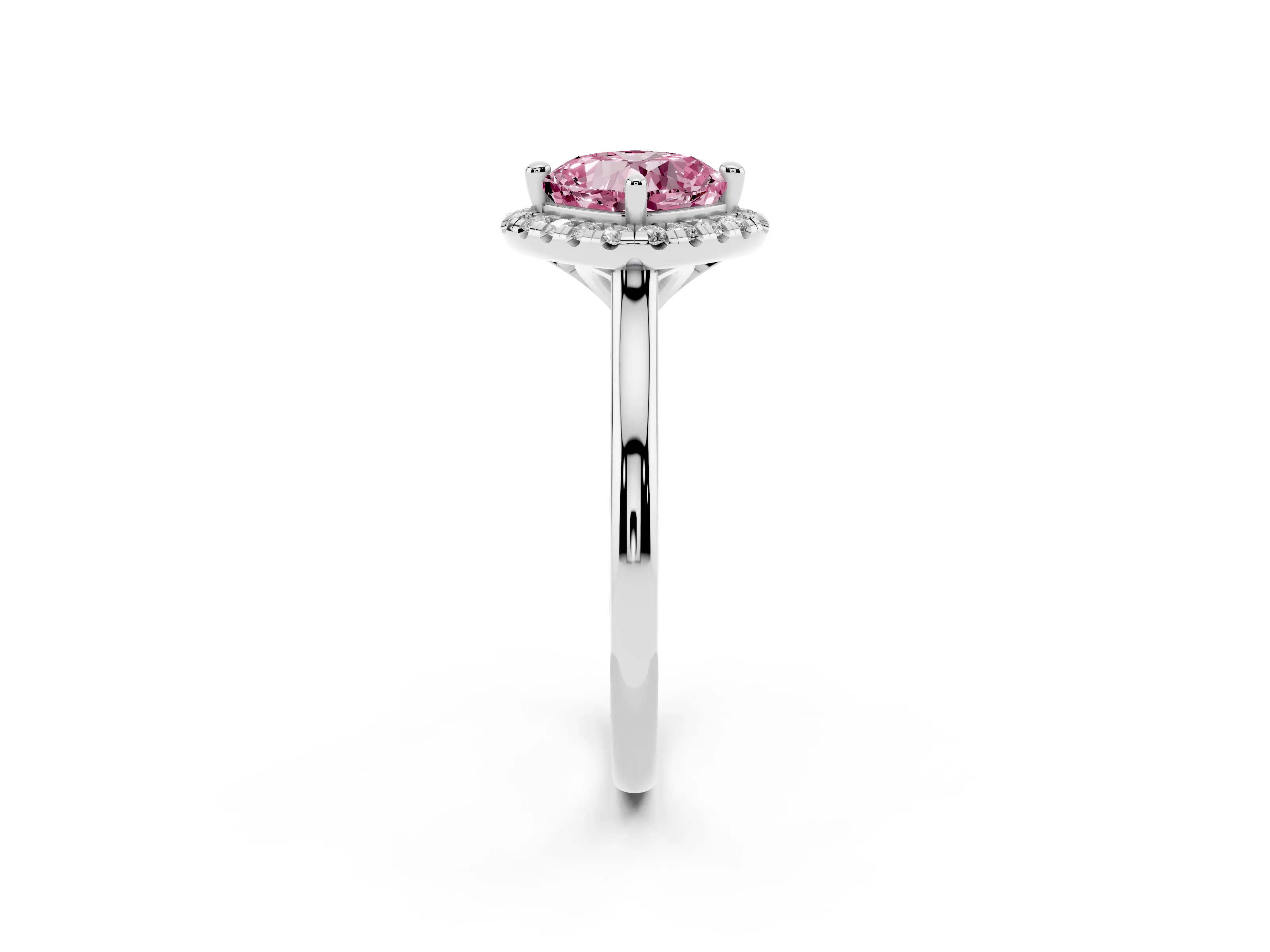 Fancy Pink Cushion Cut Diamond Halo Engagement Ring Set in Platinum with Pavé Band and Rising Shoulders