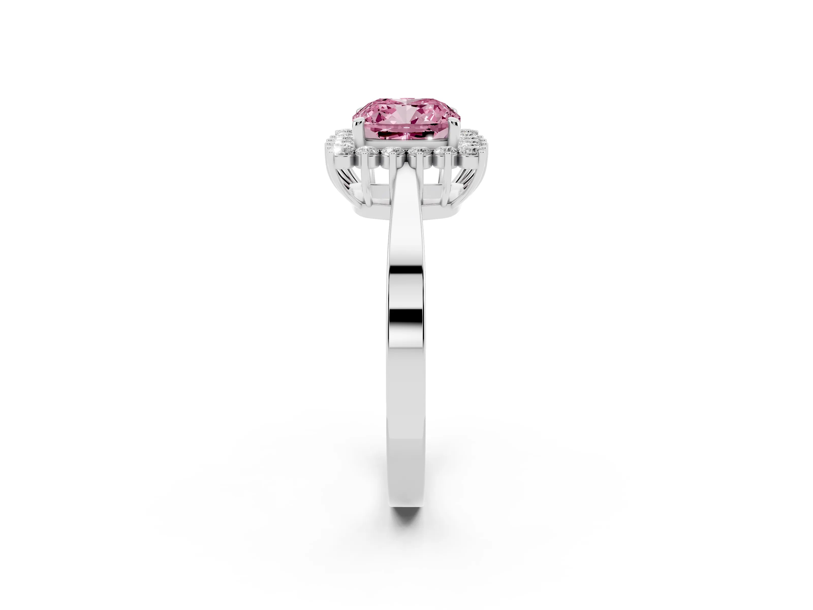 Fancy Pink Cushion Cut Diamond Halo Ring Set in White gold with Round Halo and Smooth Solitaire Band