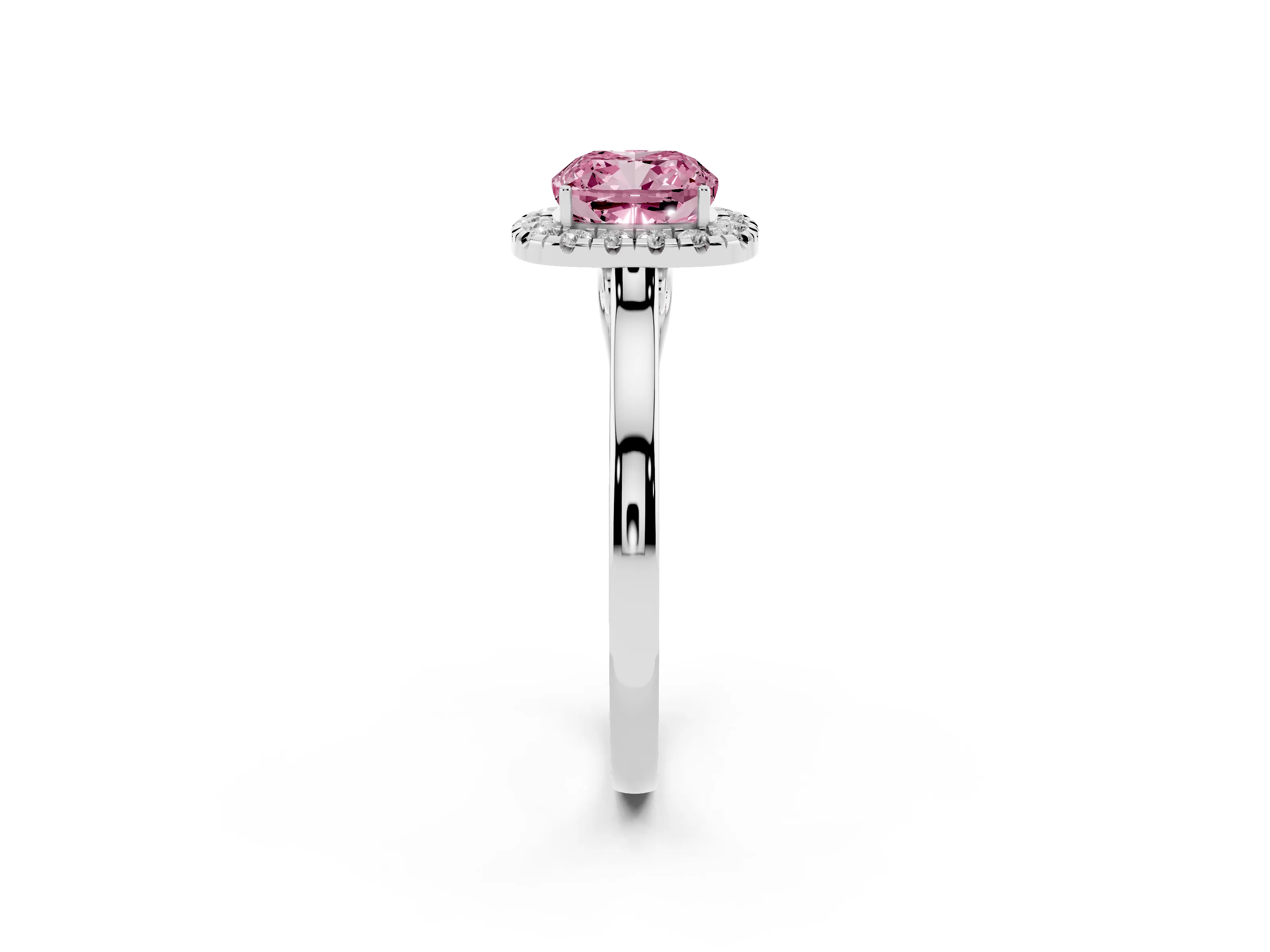 Fancy Pink Cushion Cut Halo Round Diamond Solitaire Ring Set in White gold with Pavé Band and Prong Setting