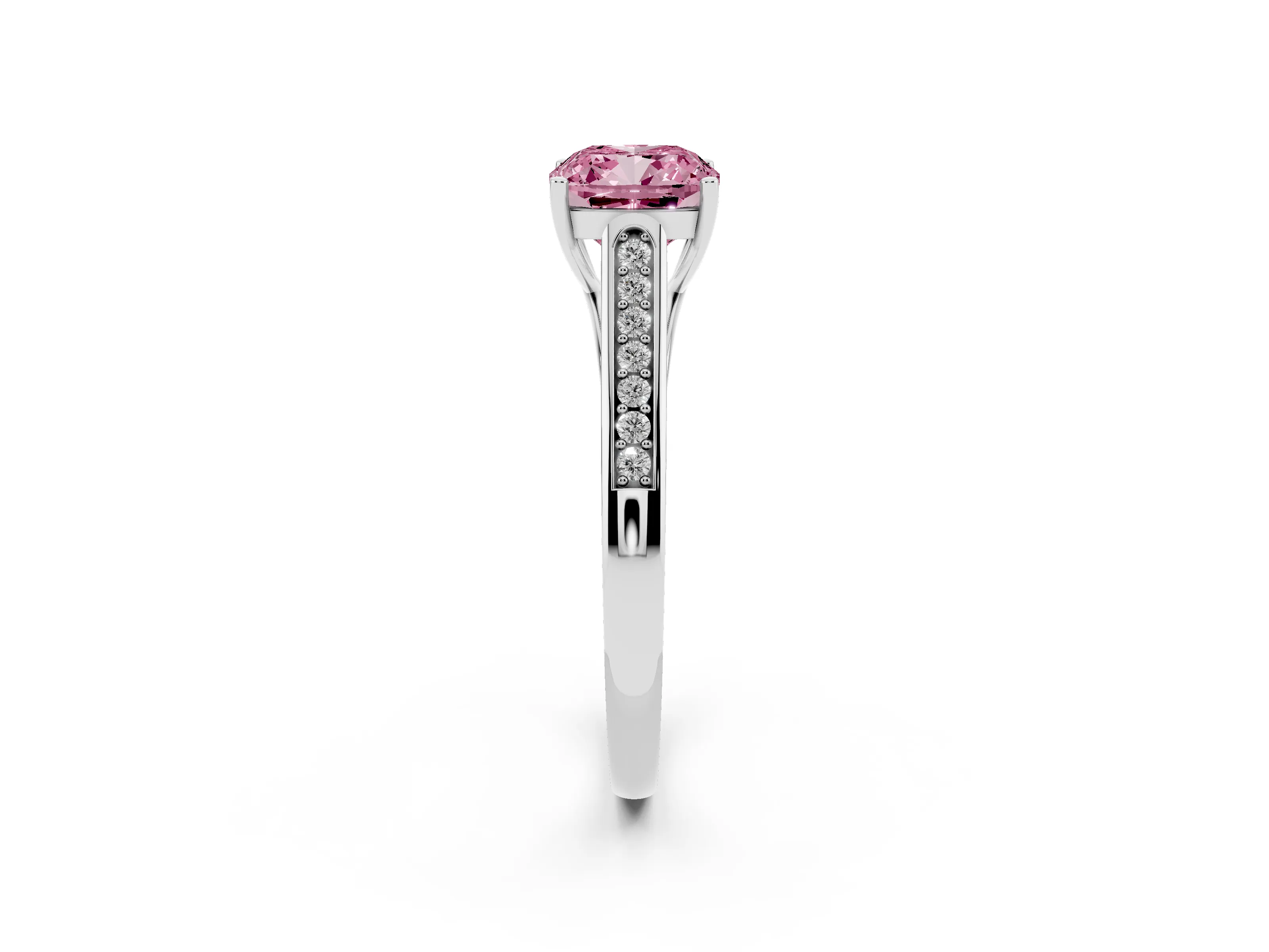 Fancy Pink Cushion Cut Diamond Solitaire Cathedral Engagement Ring Set in White gold with Channel-Set Band and Prong Setting